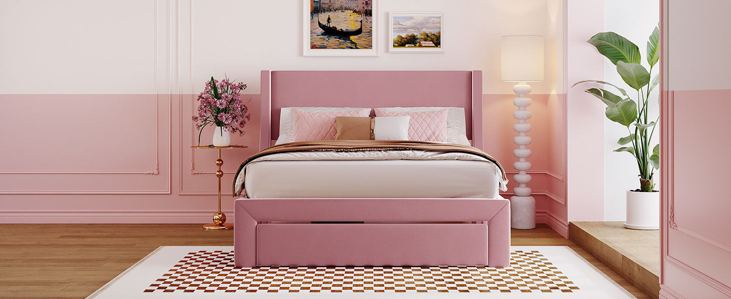 Full Size Storage Bed Velvet Upholstered Platform Bed With A Big Drawer Pink Pink Velvet