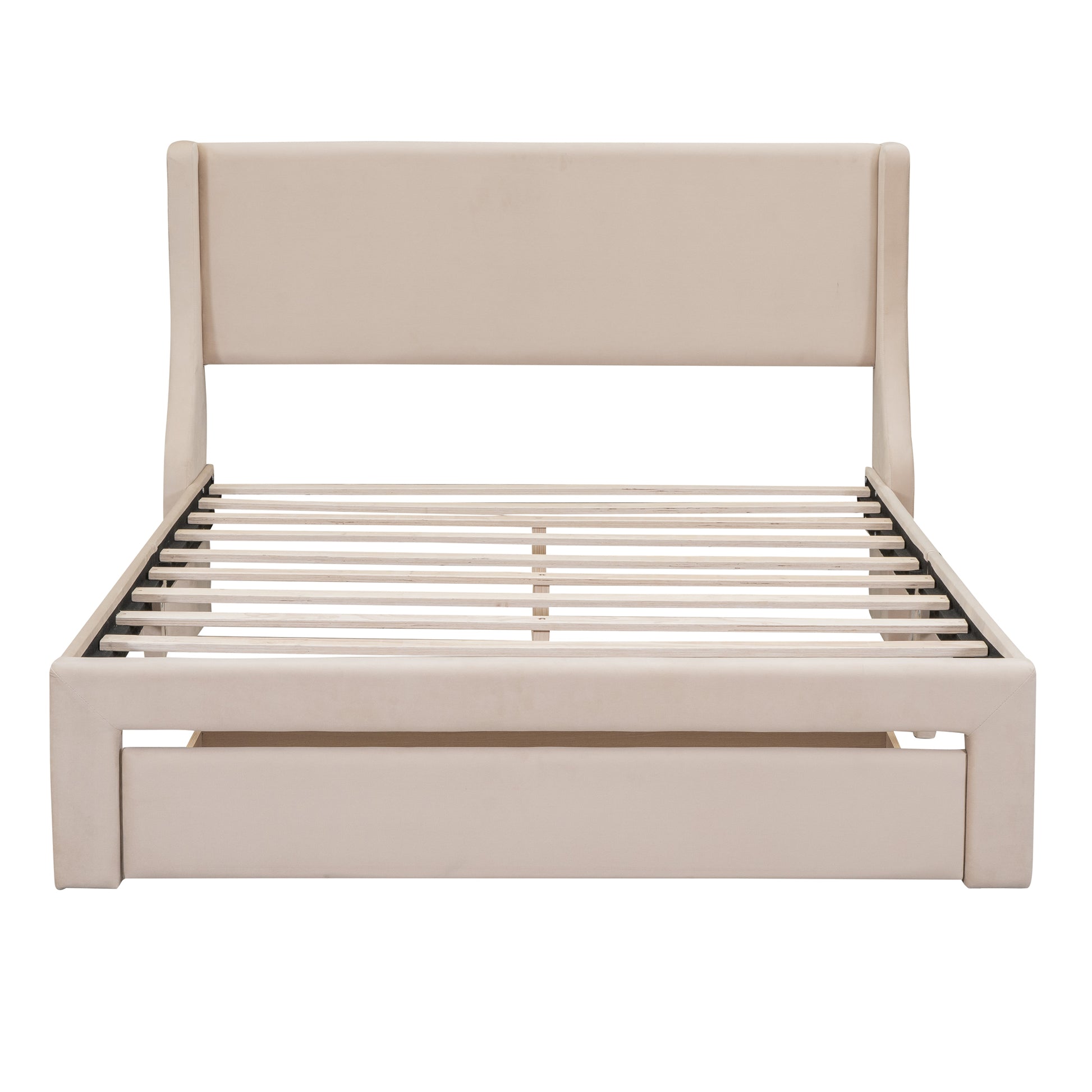 Queen Size Storage Bed Velvet Upholstered Platform Bed With A Big Drawer Beige Beige Velvet