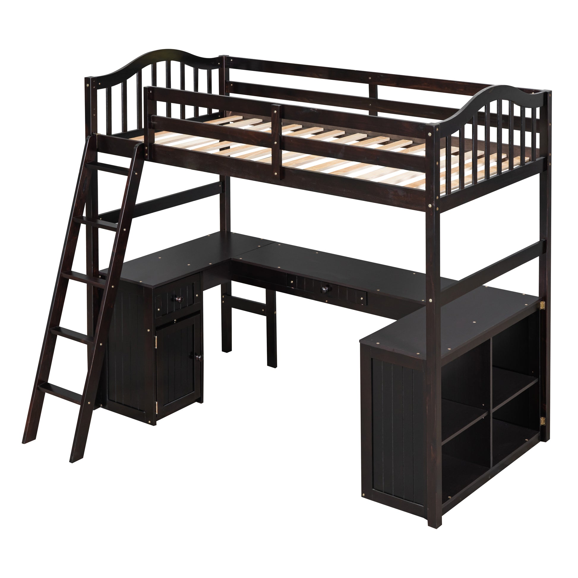 Twin Size Loft Bed With Drawers, Cabinet, Shelves And Desk, Wooden Loft Bed With Desk Espresso Old Sku :Lt000505Aap Espresso Solid Wood