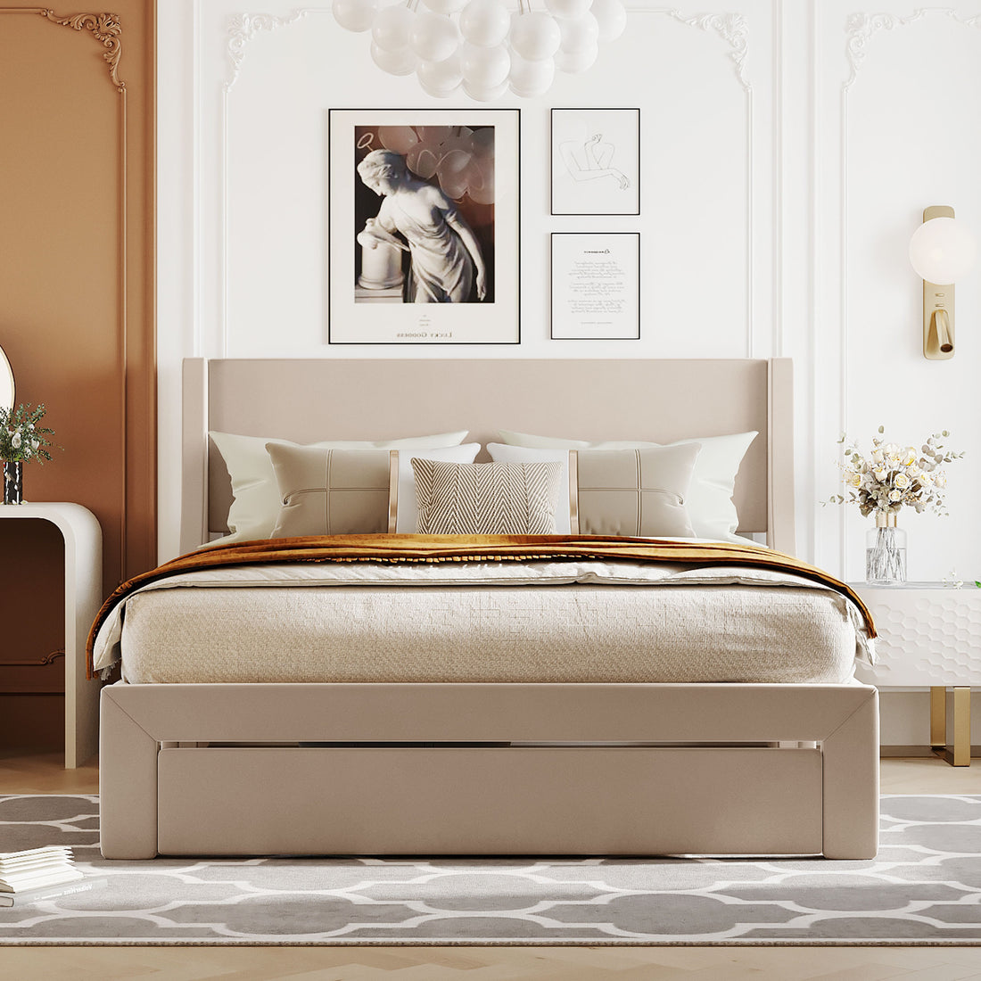 Queen Size Storage Bed Velvet Upholstered Platform Bed With A Big Drawer Beige Beige Velvet