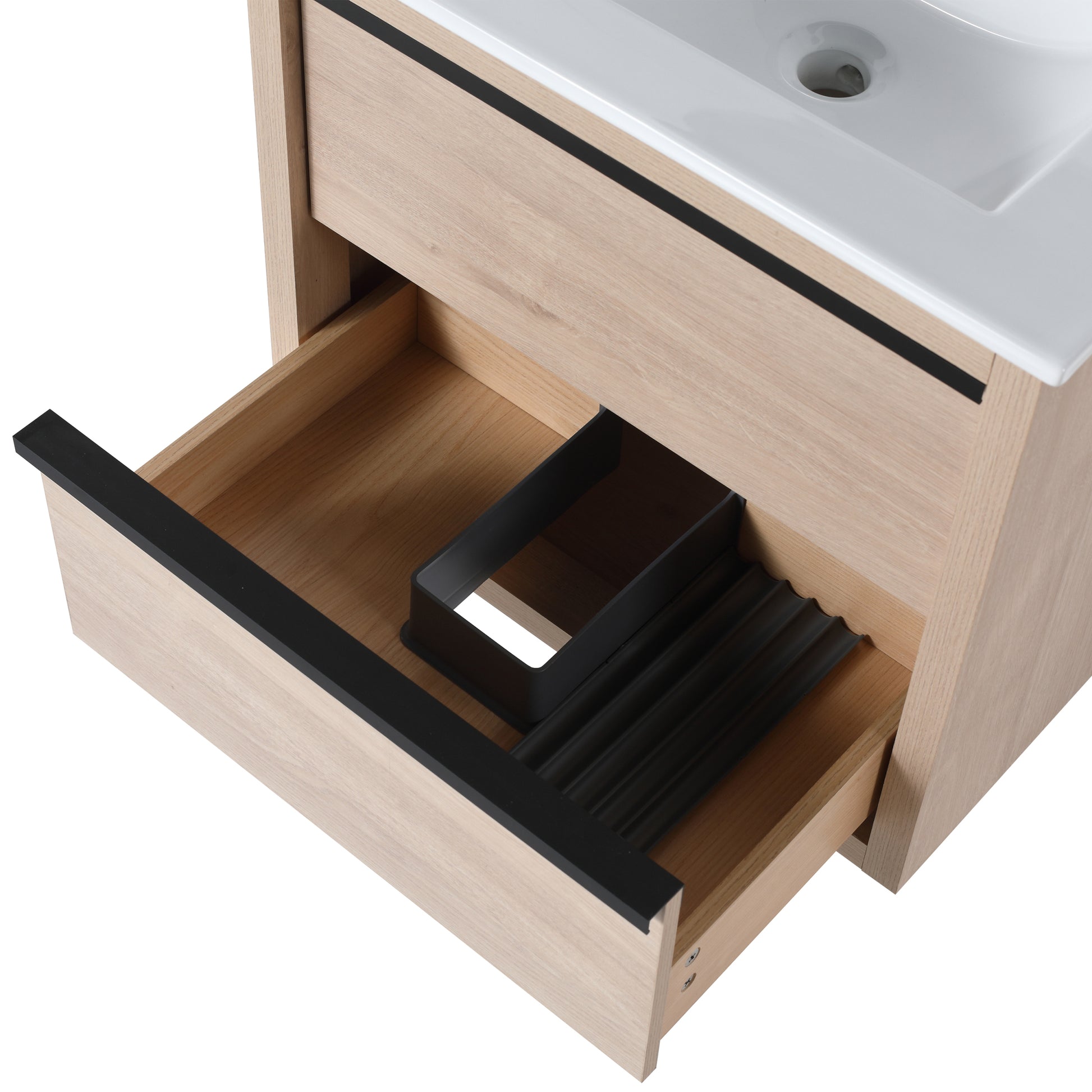 24" Bathroom Vanity With 2 Soft Close Drawers, White Ceramic Basin Bva02524Plo G Bl9060B W1286S00034 2 Plain Light Oak Bathroom Wall Mounted Modern Plywood