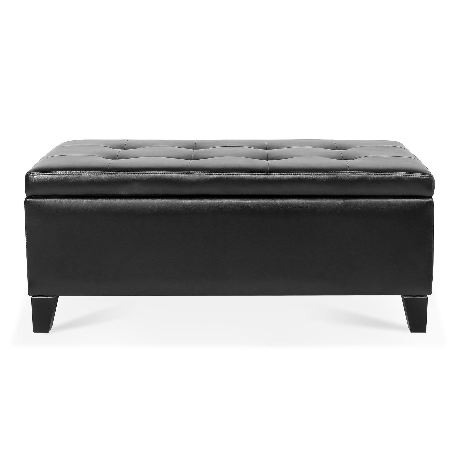 Storage Ottoman With Wooden Legs, Faux Leather Ottoman With Storage For Living Room, Bedroom & Hallway, Ottoman Foot Rest, 38.4" Black Ottoman Black Pu Foam Pu