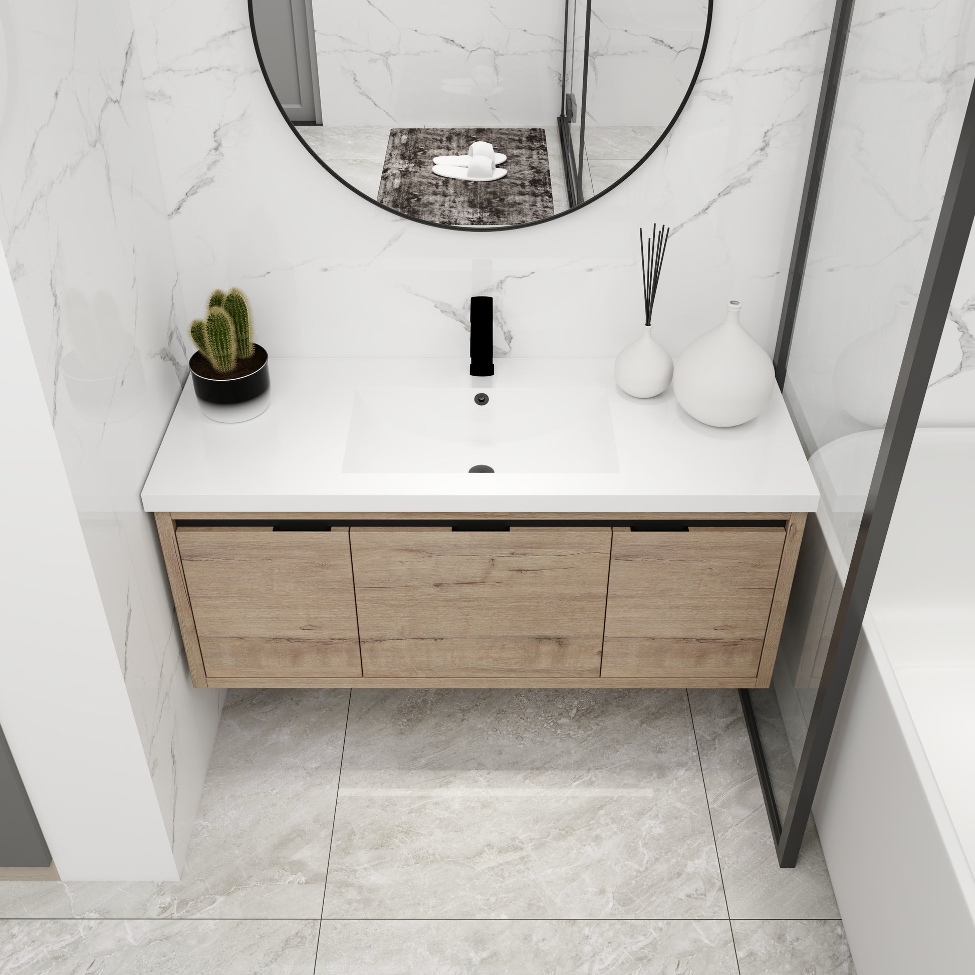48 Inch Bathroom Cabinet With Sink,Soft Close Doors And Drawer,Float Mounting Design,48X18 Imitative Oak Bathroom Modern Plywood