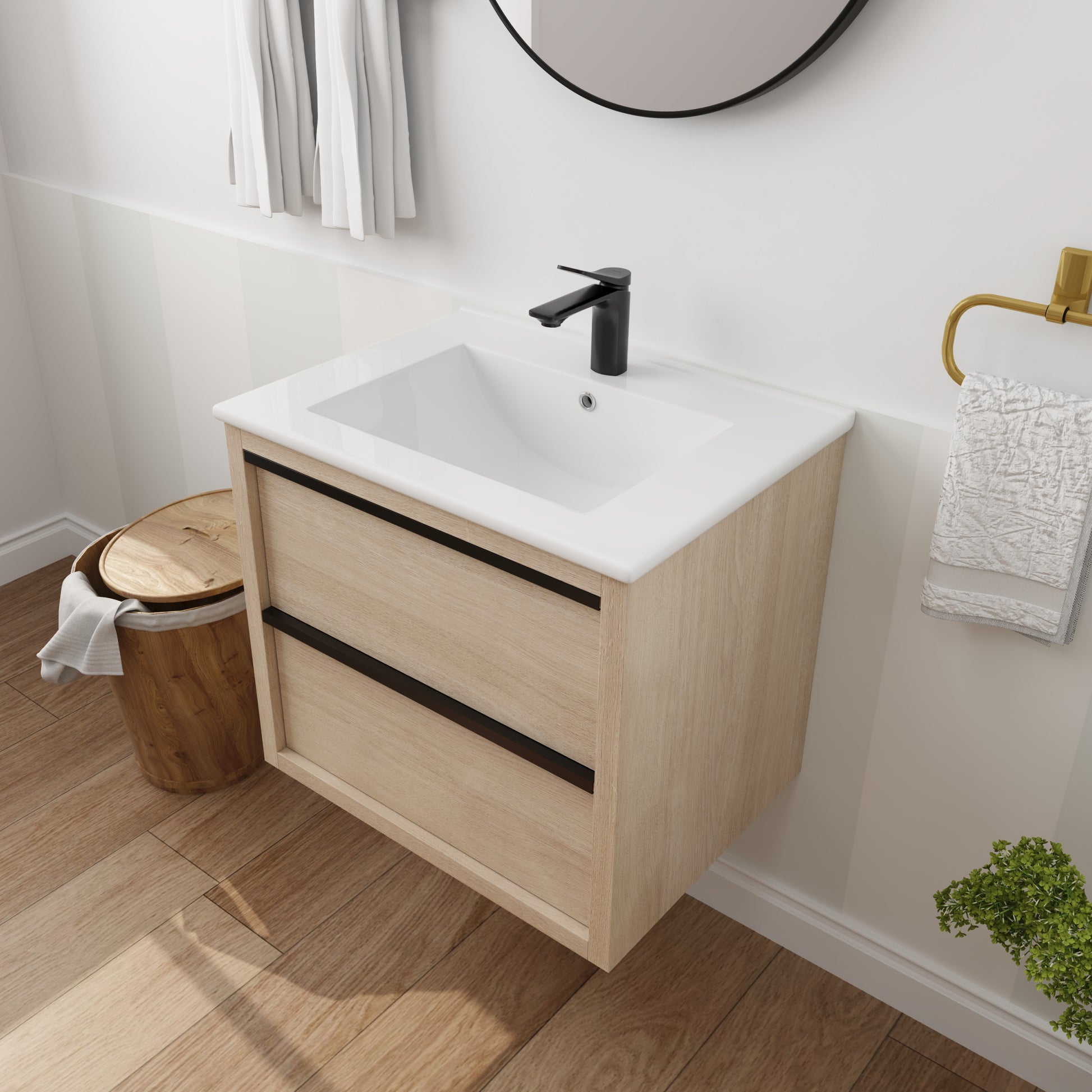 24" Bathroom Vanity With 2 Soft Close Drawers, White Ceramic Basin Bva02524Plo G Bl9060B W1286S00034 2 Plain Light Oak Bathroom Wall Mounted Modern Plywood