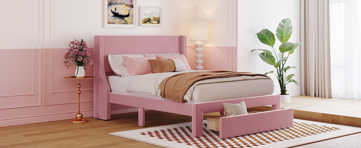 Full Size Storage Bed Velvet Upholstered Platform Bed With A Big Drawer Pink Pink Velvet