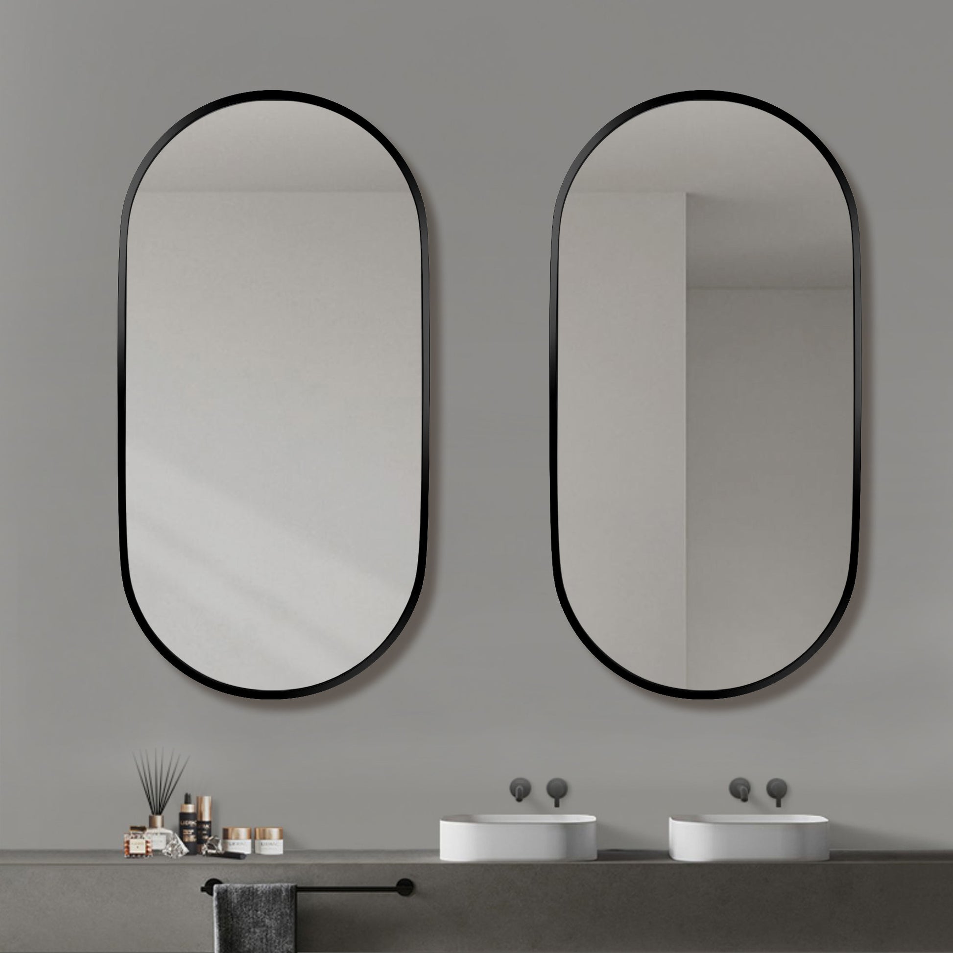 Wall Mounted Mirror 36"X18" Oval Bathroom Mirror Black Vanity Wall Mirror Pre Set Hooks For Vertical Or Horizontal Hang Ideal For Bedroom,Bathroom Black Modern Aluminium