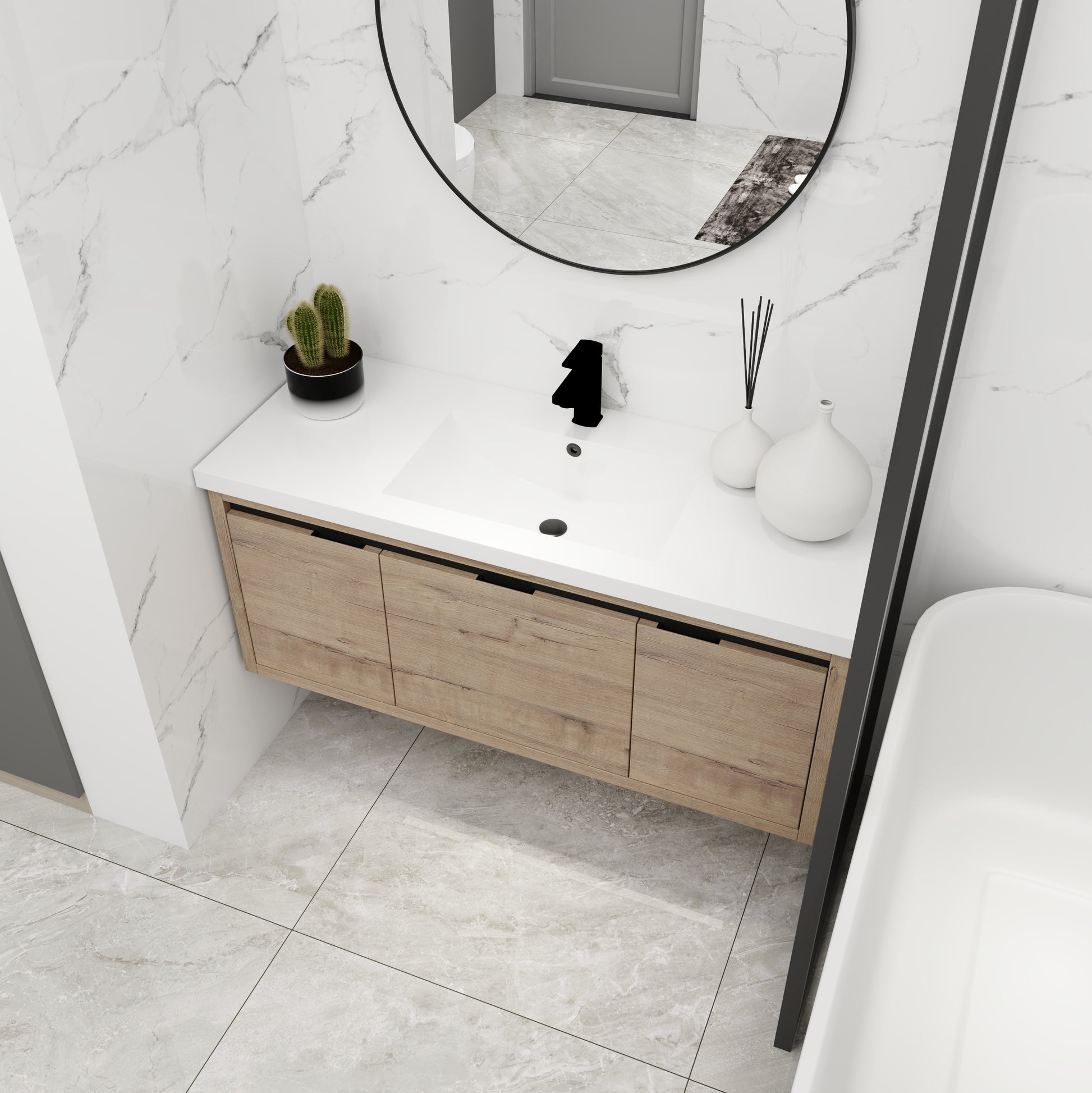 48 Inch Bathroom Cabinet With Sink,Soft Close Doors And Drawer,Float Mounting Design,48X18 Imitative Oak Bathroom Modern Plywood