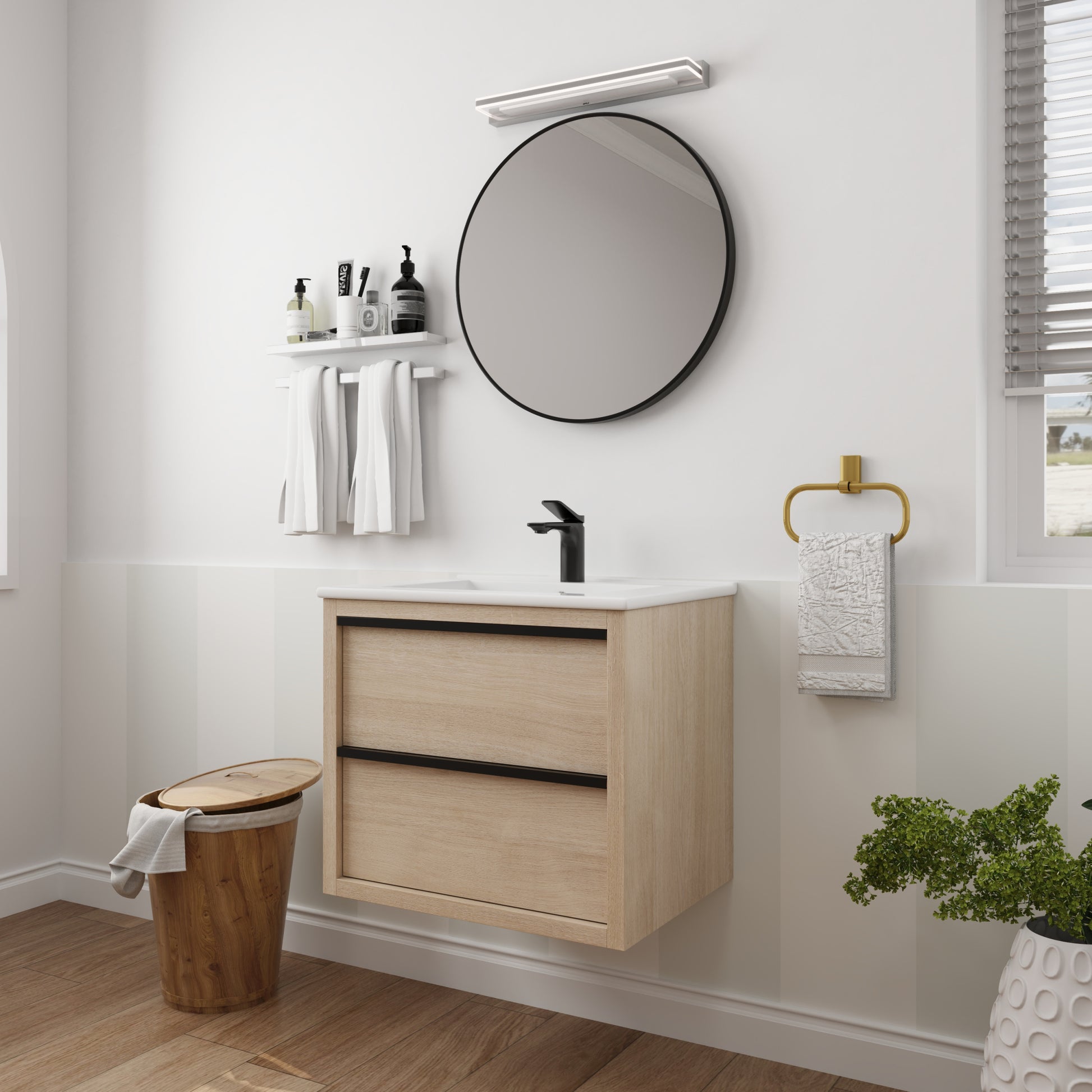 24" Bathroom Vanity With 2 Soft Close Drawers, White Ceramic Basin Bva02524Plo G Bl9060B W1286S00034 2 Plain Light Oak Bathroom Wall Mounted Modern Plywood