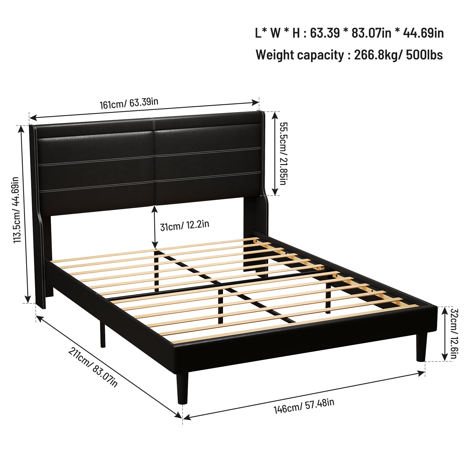 Queen Pu Leather Upholstered Bed Frame With Lights,Platform Bed Frame With Stitched Wing Backed Headboard Strong Wooden Slats Bed Canopy,No Box Spring Needed,Black Queen Antique Black Pu