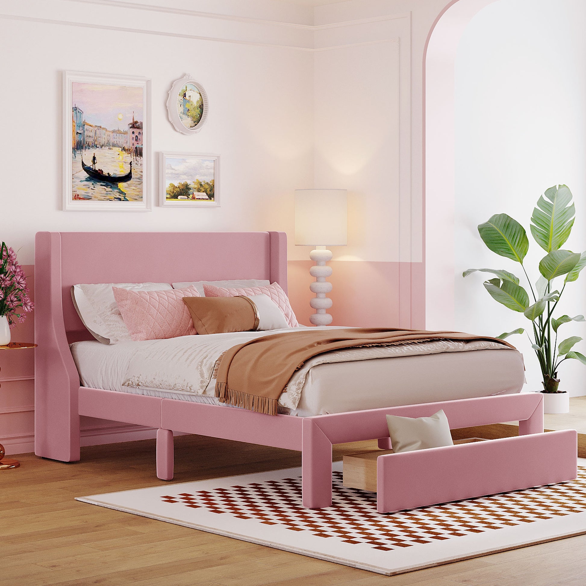 Full Size Storage Bed Velvet Upholstered Platform Bed With A Big Drawer Pink Pink Velvet