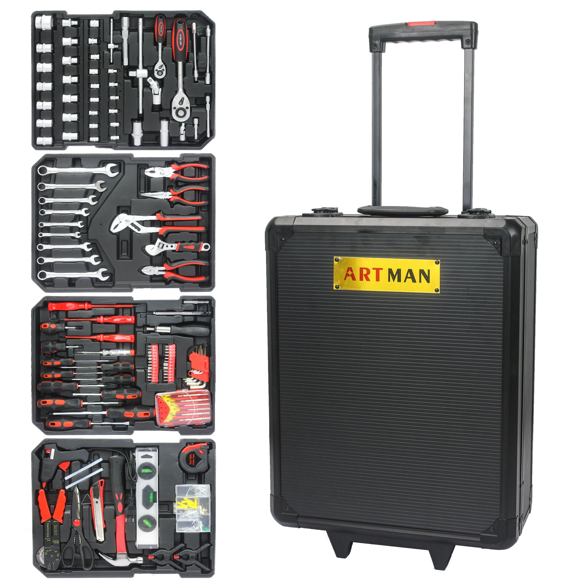 Black Hand Tool Box With 4 Layers Of Toolset And Wheels Black Plastic