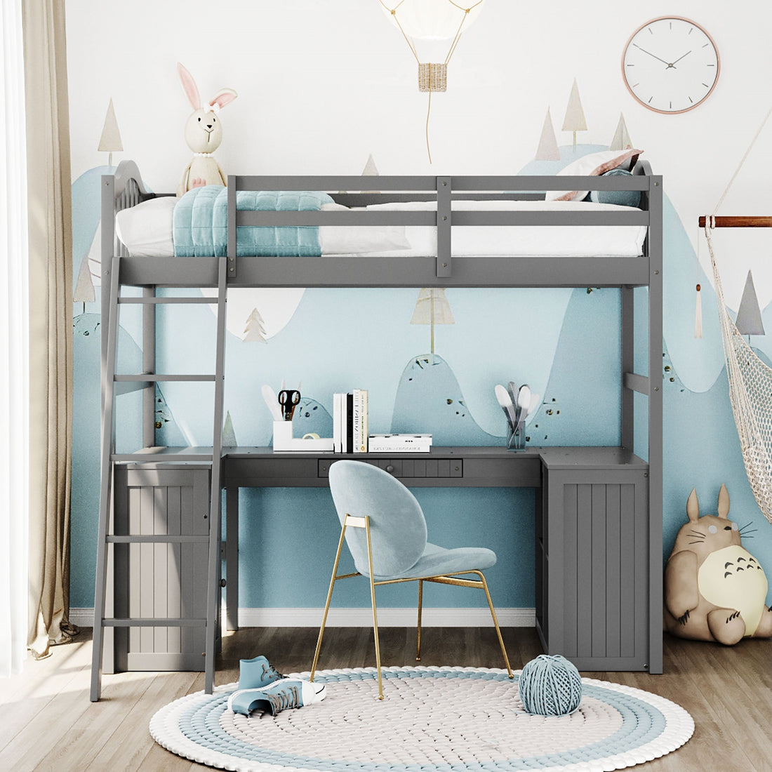 Twin Size Loft Bed With Drawers, Cabinet, Shelves And Desk, Wooden Loft Bed With Desk Gray Old Sku :Lt000505Aae Gray Solid Wood