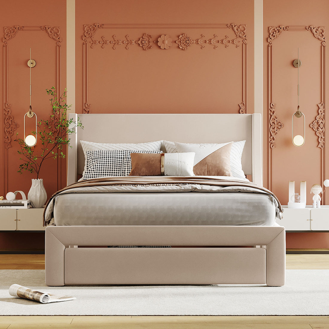 Full Size Storage Bed Velvet Upholstered Platform Bed With A Big Drawer Beige Beige Velvet