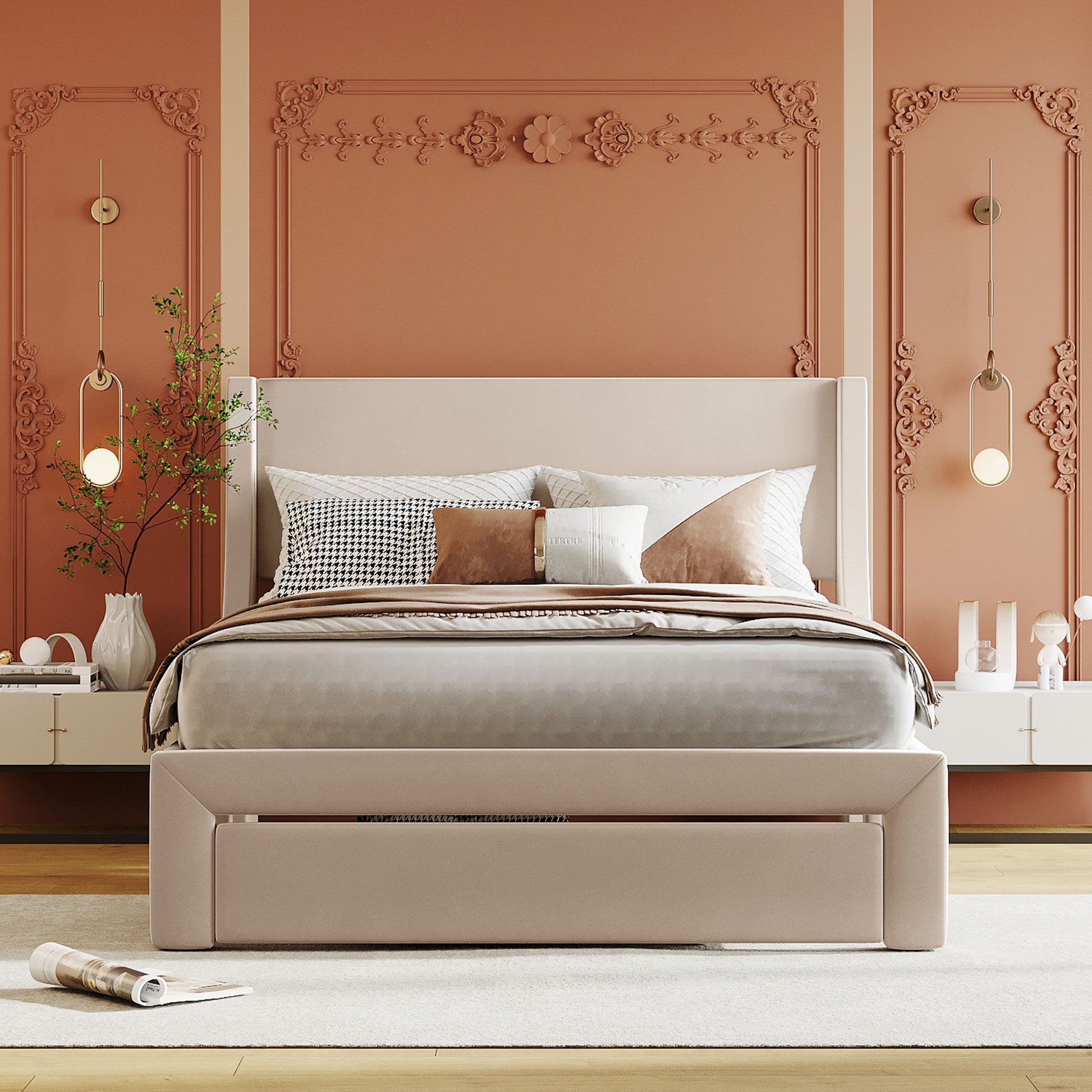 Full Size Storage Bed Velvet Upholstered Platform Bed With A Big Drawer Beige Beige Velvet
