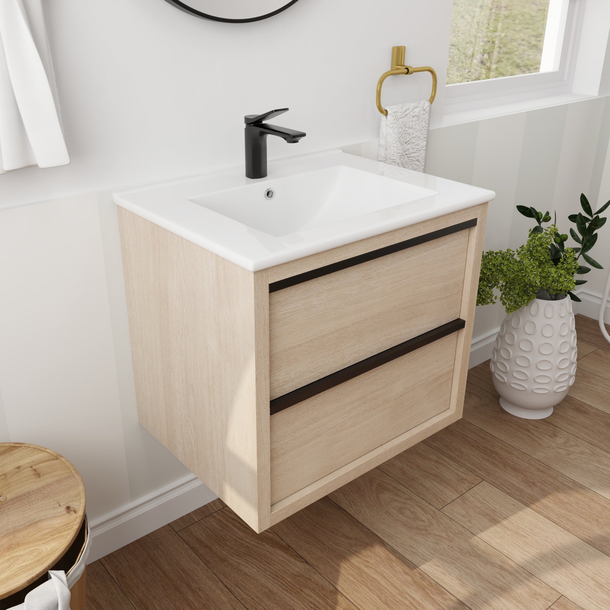 24" Bathroom Vanity With 2 Soft Close Drawers, White Ceramic Basin Bva02524Plo G Bl9060B W1286S00034 2 Plain Light Oak Bathroom Wall Mounted Modern Plywood