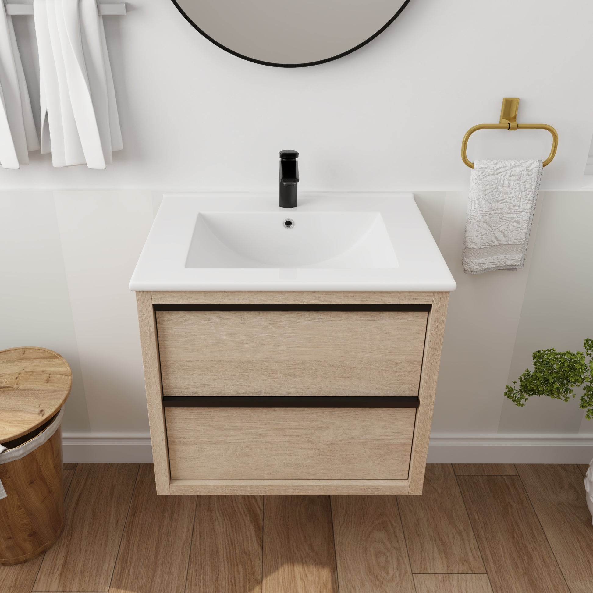 24" Bathroom Vanity With 2 Soft Close Drawers, White Ceramic Basin Bva02524Plo G Bl9060B W1286S00034 2 Plain Light Oak Bathroom Wall Mounted Modern Plywood