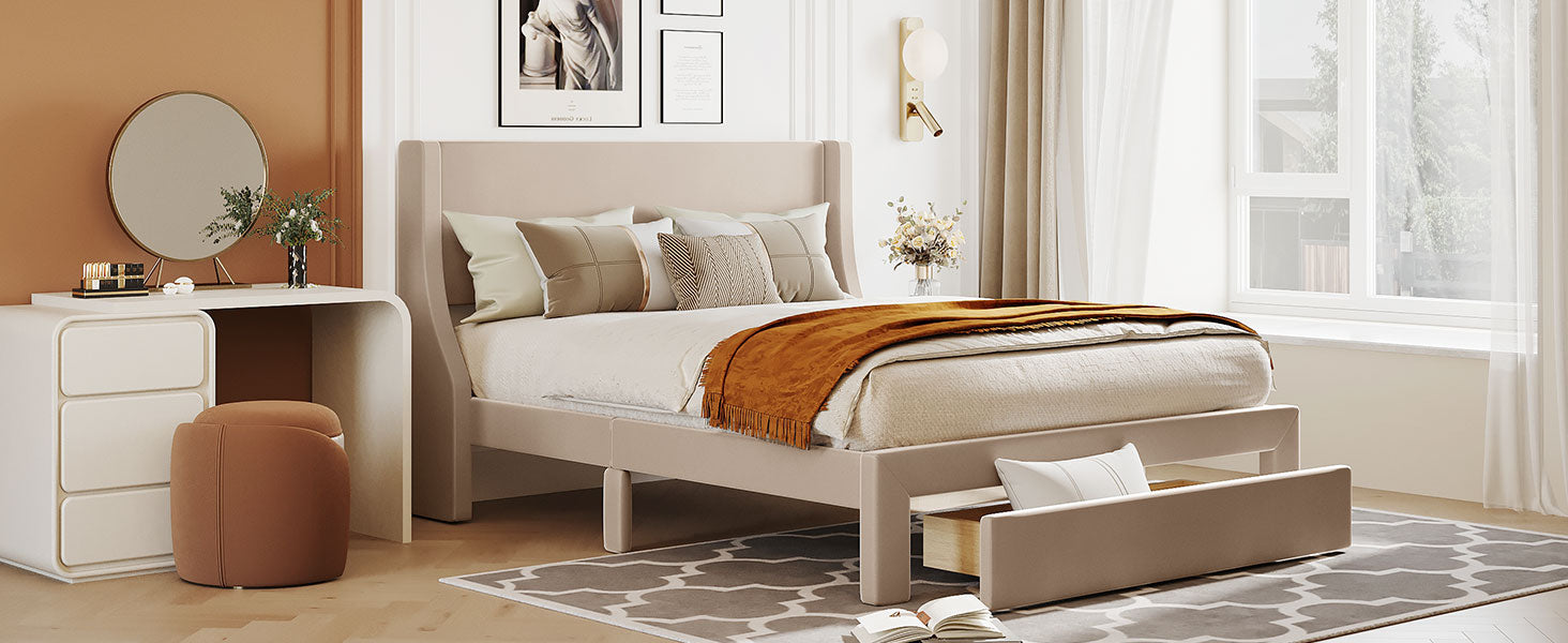 Queen Size Storage Bed Velvet Upholstered Platform Bed With A Big Drawer Beige Beige Velvet