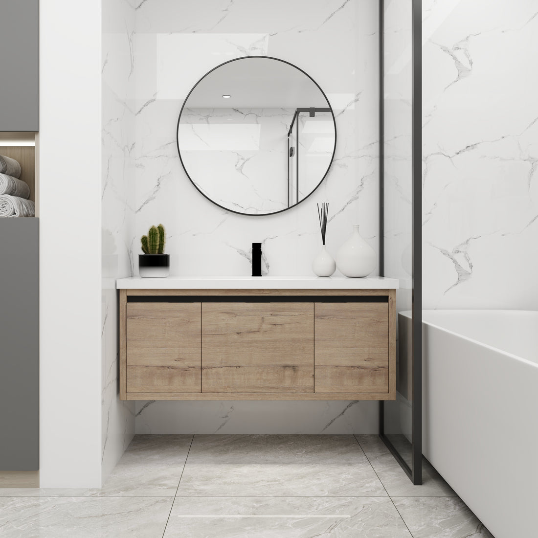 48 Inch Bathroom Cabinet With Sink,Soft Close Doors And Drawer,Float Mounting Design,48X18 Imitative Oak Bathroom Modern Plywood