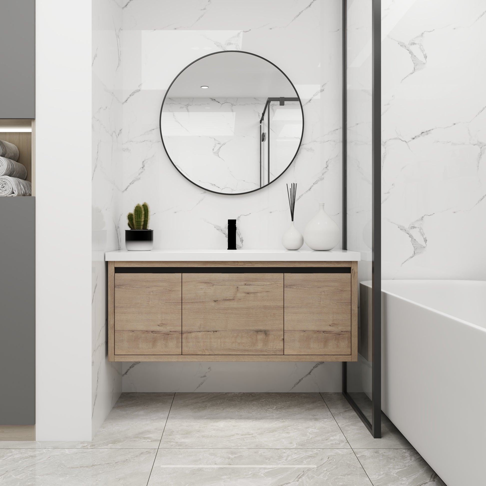 48 Inch Bathroom Cabinet With Sink,Soft Close Doors And Drawer,Float Mounting Design,48X18 Imitative Oak Bathroom Modern Plywood