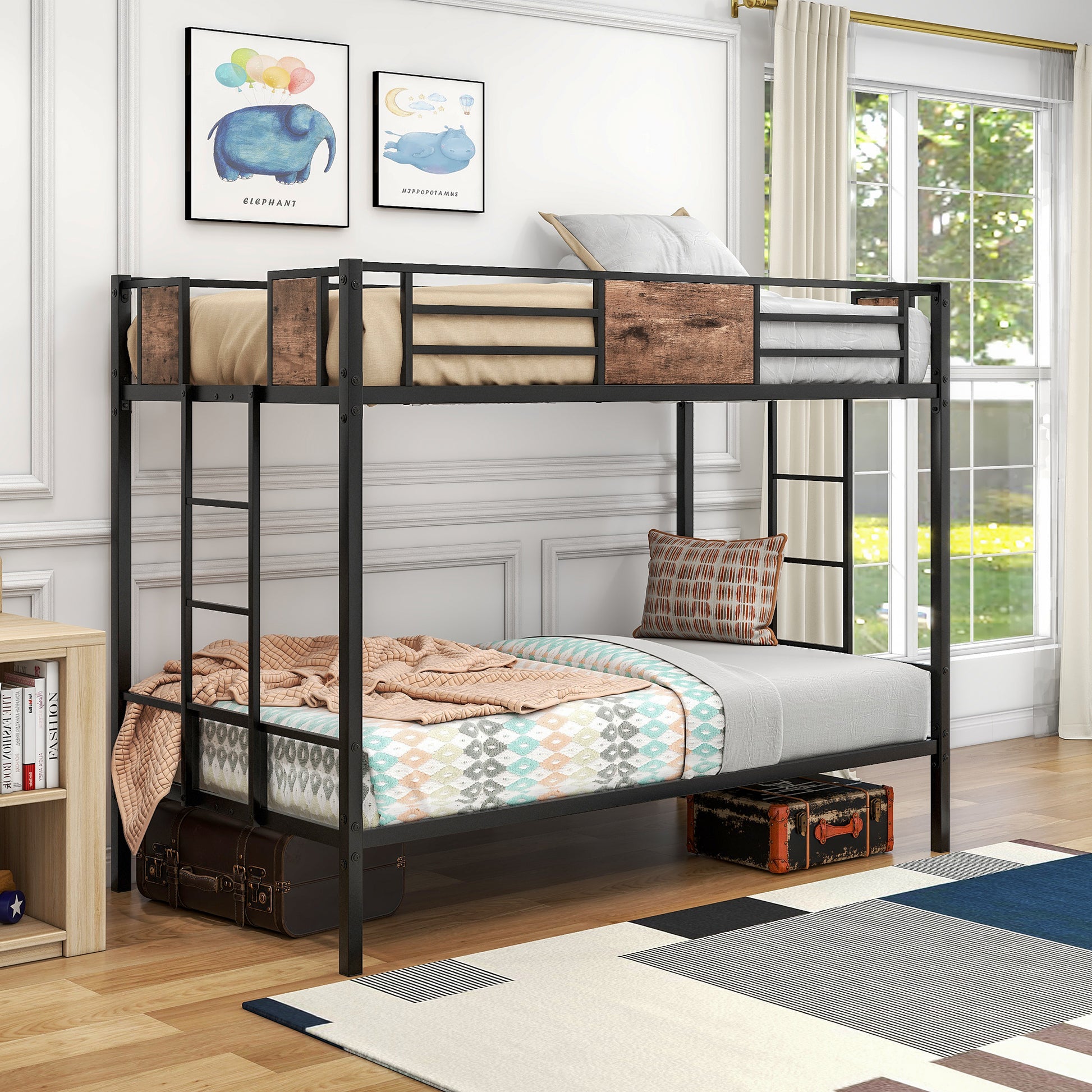 Twin Over Twin Size Metal Bunk Bed Black Box Spring Not Required Twin Black Metal Brown Bedroom Bed Frame Mdf Steel