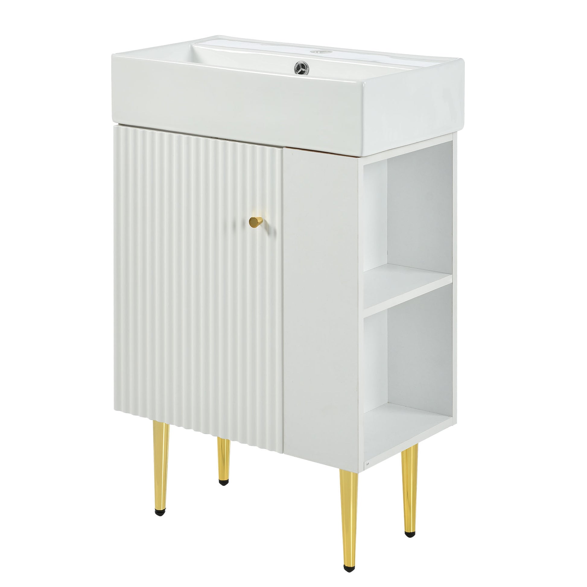 21.6" White Bathroom Vanity, Combo Cabinet, Bathroom Storage Cabinet, Single Ceramic Sink, Right Side Storage White Ceramic Mdf