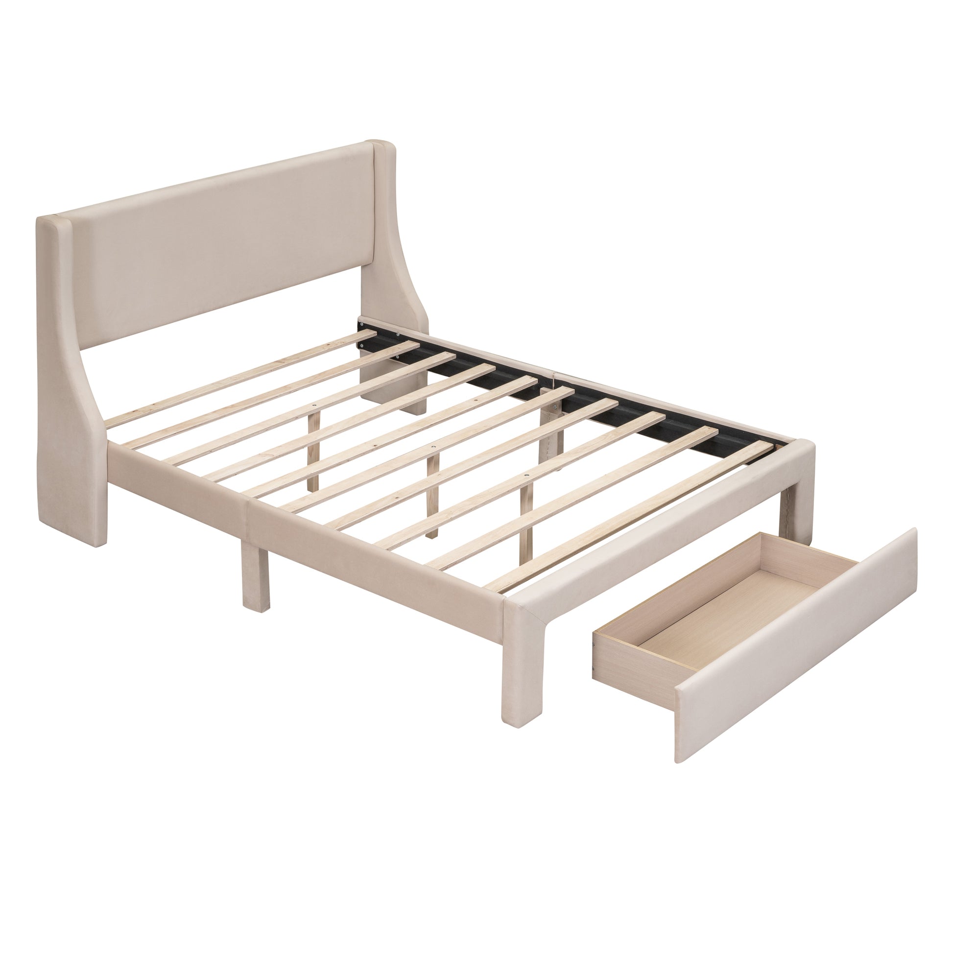 Full Size Storage Bed Velvet Upholstered Platform Bed With A Big Drawer Beige Beige Velvet