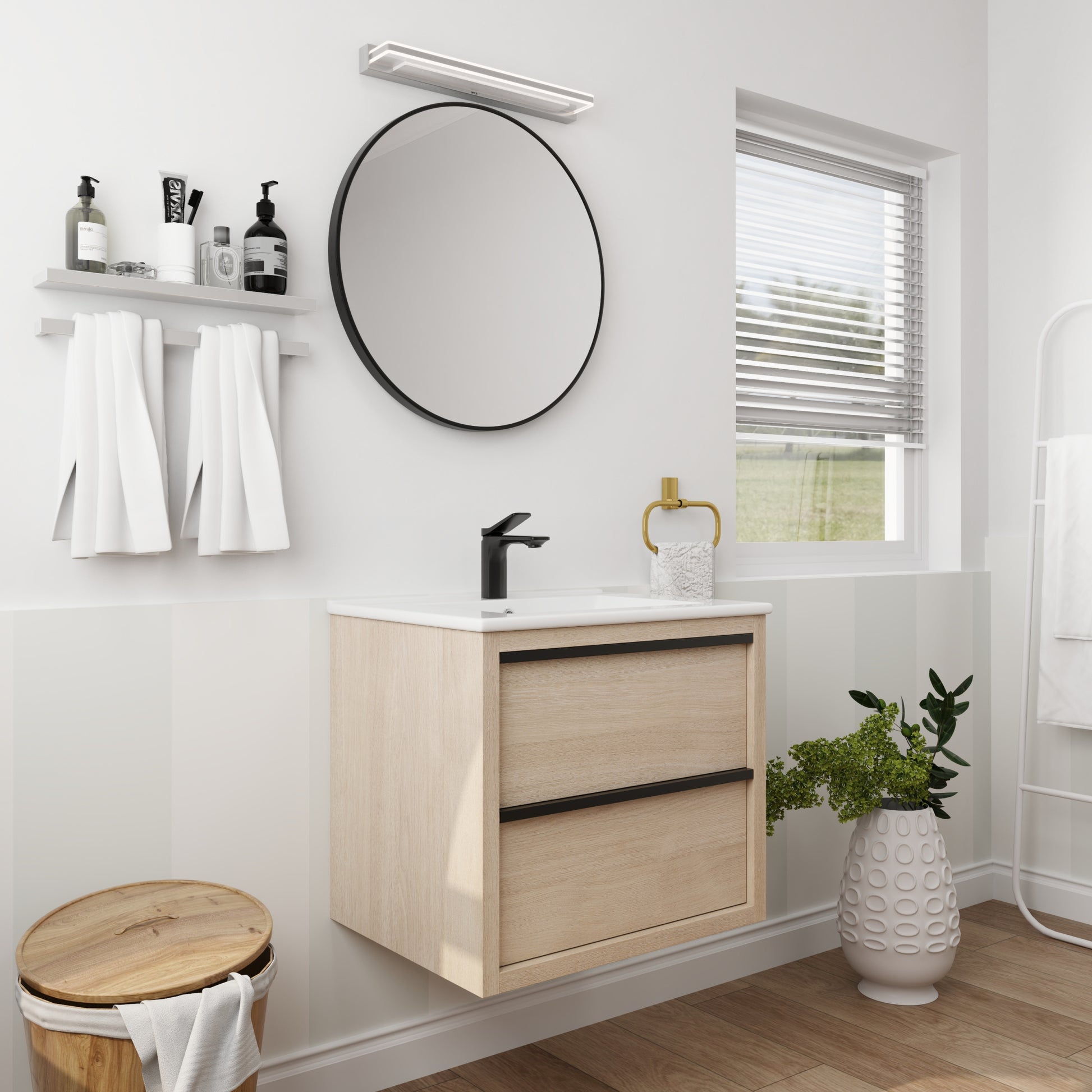 24" Bathroom Vanity With 2 Soft Close Drawers, White Ceramic Basin Bva02524Plo G Bl9060B W1286S00034 2 Plain Light Oak Bathroom Wall Mounted Modern Plywood