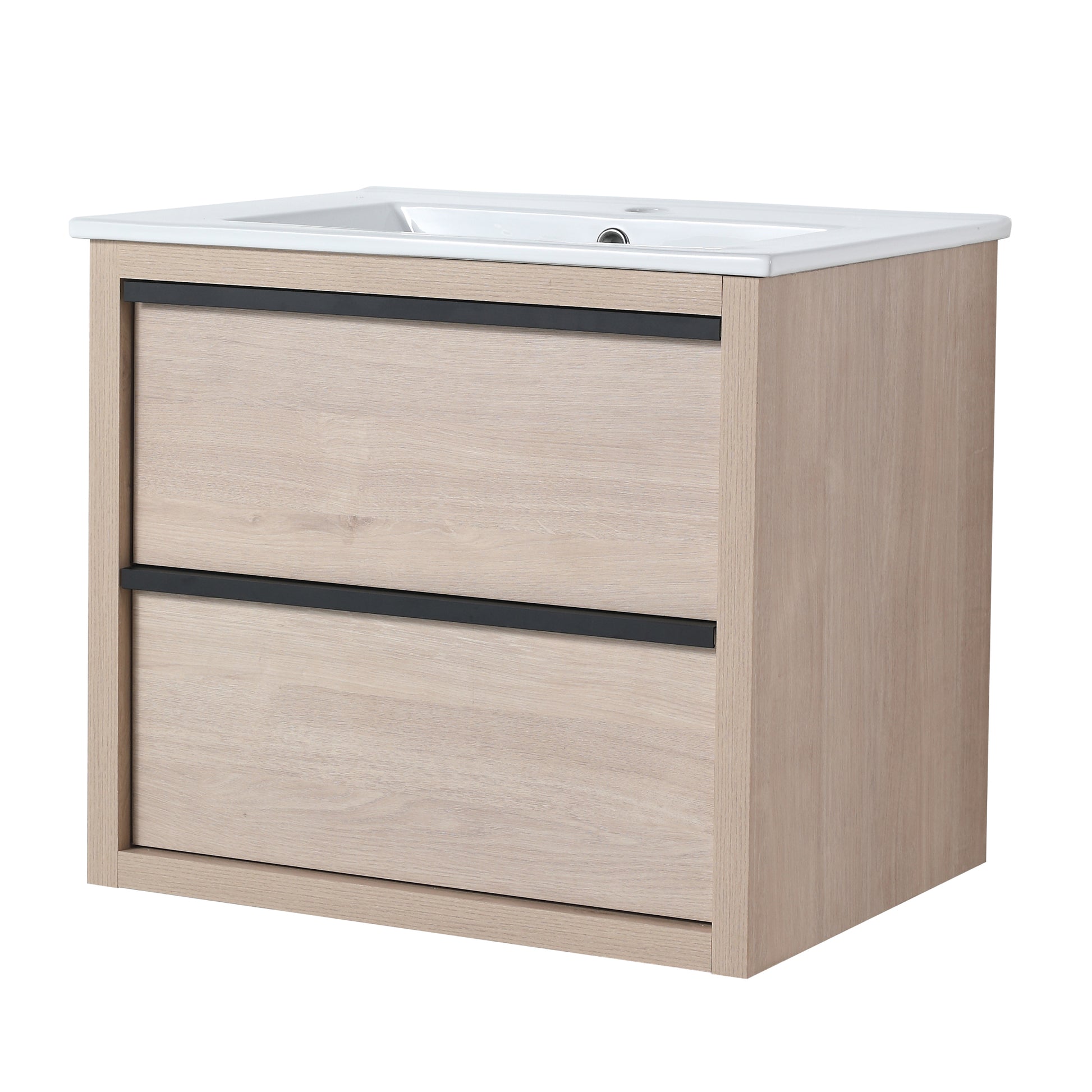 24" Bathroom Vanity With 2 Soft Close Drawers, White Ceramic Basin Bva02524Plo G Bl9060B W1286S00034 2 Plain Light Oak Bathroom Wall Mounted Modern Plywood