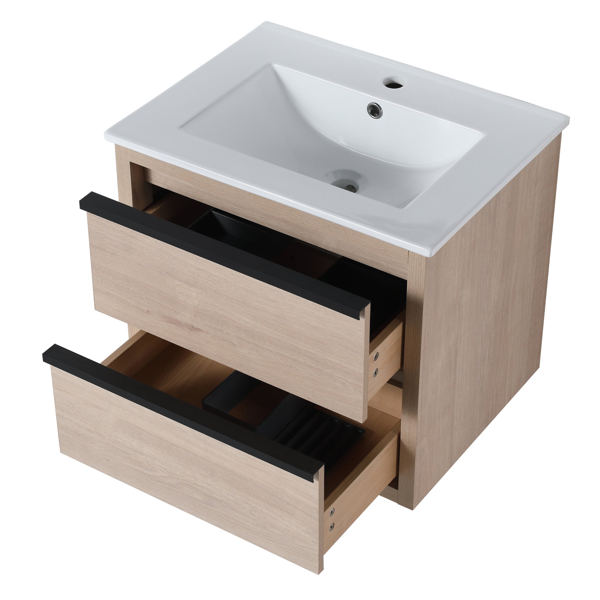 24" Bathroom Vanity With 2 Soft Close Drawers, White Ceramic Basin Bva02524Plo G Bl9060B W1286S00034 2 Plain Light Oak Bathroom Wall Mounted Modern Plywood