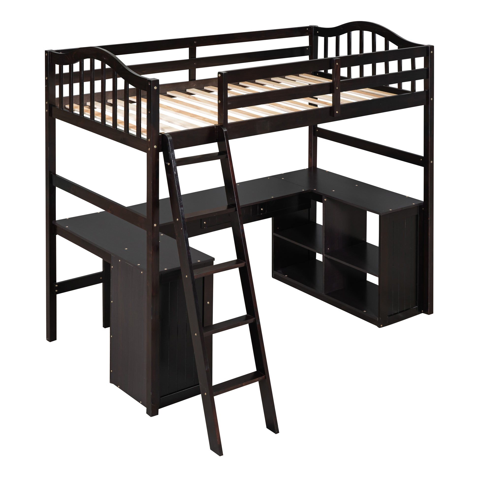 Twin Size Loft Bed With Drawers, Cabinet, Shelves And Desk, Wooden Loft Bed With Desk Espresso Old Sku :Lt000505Aap Espresso Solid Wood