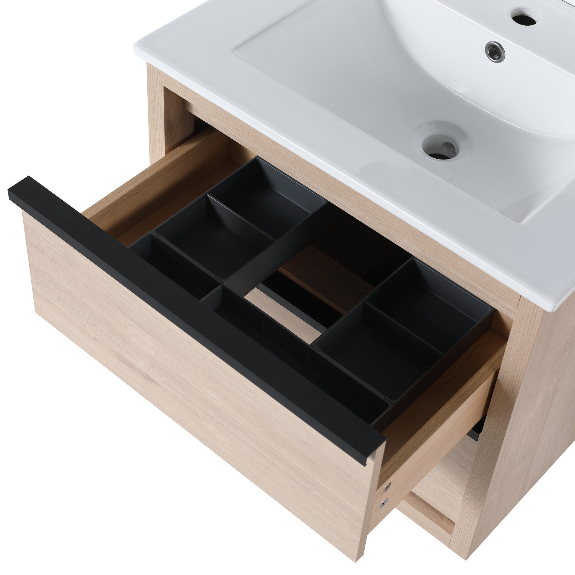 24" Bathroom Vanity With 2 Soft Close Drawers, White Ceramic Basin Bva02524Plo G Bl9060B W1286S00034 2 Plain Light Oak Bathroom Wall Mounted Modern Plywood