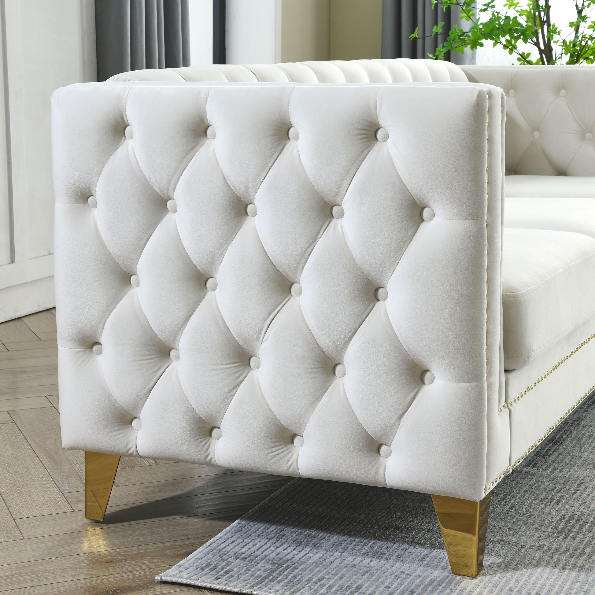 Contact Us For 3D Modeling Velvet Sofa For Living Room,Buttons Tufted Square Arm Couch, Modern Couch Upholstered Button And Metal Legs, Sofa Couch For Bedroom, Beige Velvet 2S W834S00052 Beige Foam Velvet
