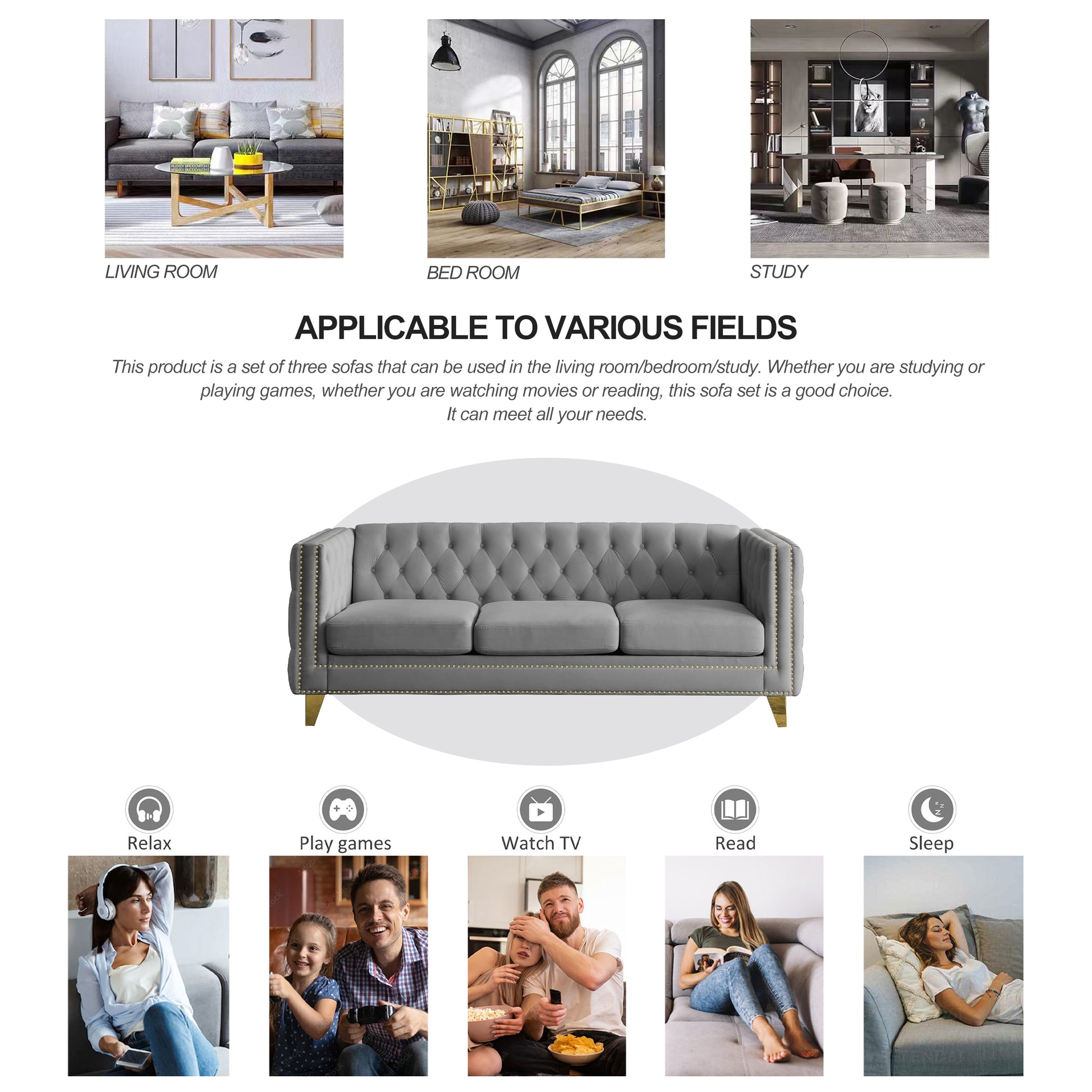 Contact Us For 3D Modeling Velvet Sofa For Living Room,Buttons Tufted Square Arm Couch, Modern Couch Upholstered Button And Metal Legs, Sofa Couch For Bedroom, Grey Velvet .2Pcs Gray Foam Velvet