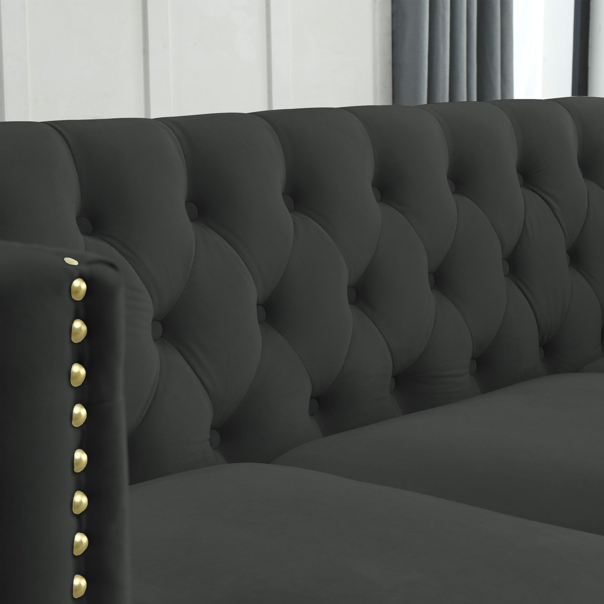 Contact Us For 3D Modeling Velvet Sofa For Living Room,Buttons Tufted Square Arm Couch, Modern Couch Upholstered Button And Metal Legs, Sofa Couch For Bedroom, Black Velvet W834S00022 Black Foam Velvet