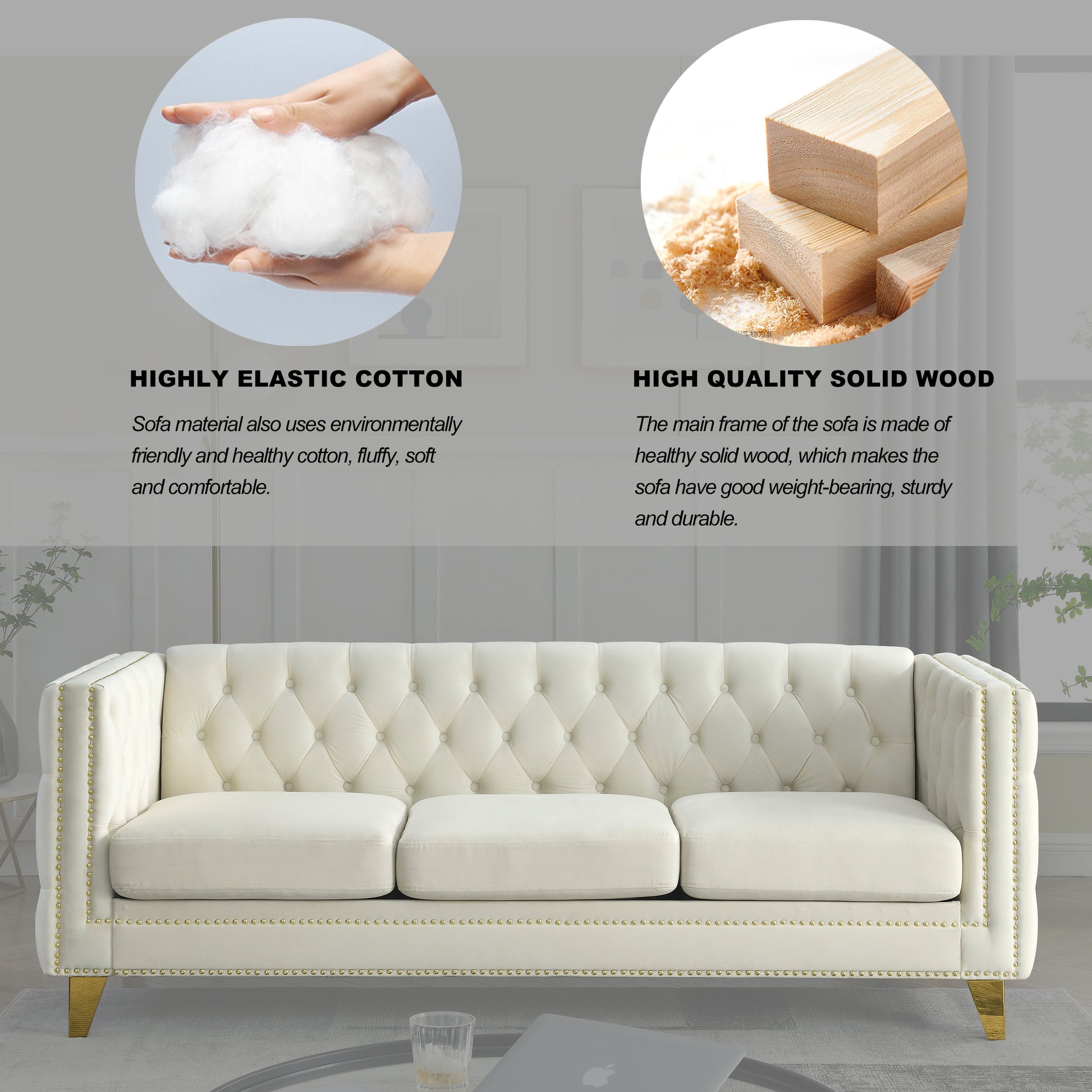 Contact Us For 3D Modeling Velvet Sofa For Living Room,Buttons Tufted Square Arm Couch, Modern Couch Upholstered Button And Metal Legs, Sofa Couch For Bedroom, Beige Velvet W834S00023 Beige Foam Velvet