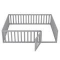 Queen Size Wood Floor Bed Frame With Fence And Door, Gray Old Sku:Wf289663Aae Gray Solid Wood