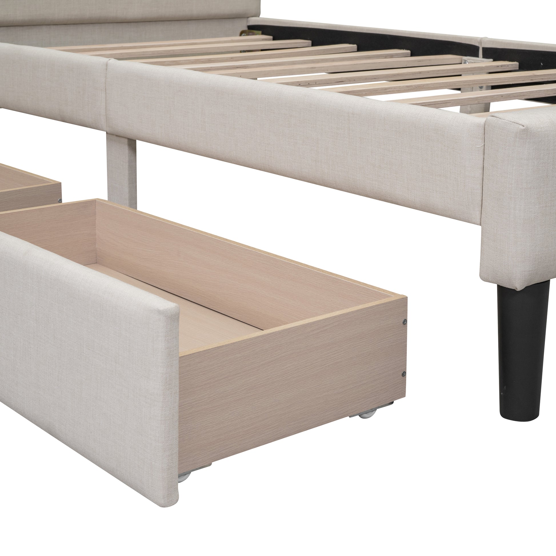 Twin Size Upholstered Platform Bed With 2 Drawers, Beige Beige Upholstered