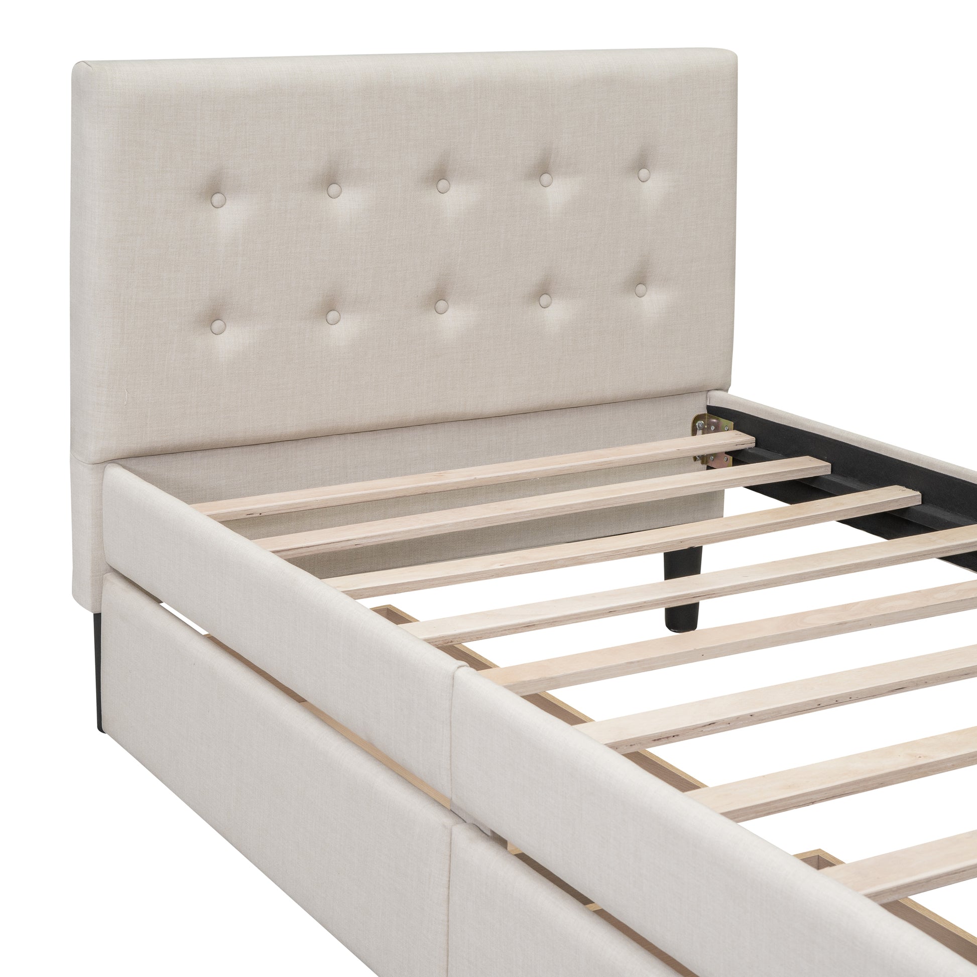 Twin Size Upholstered Platform Bed With 2 Drawers, Beige Beige Upholstered