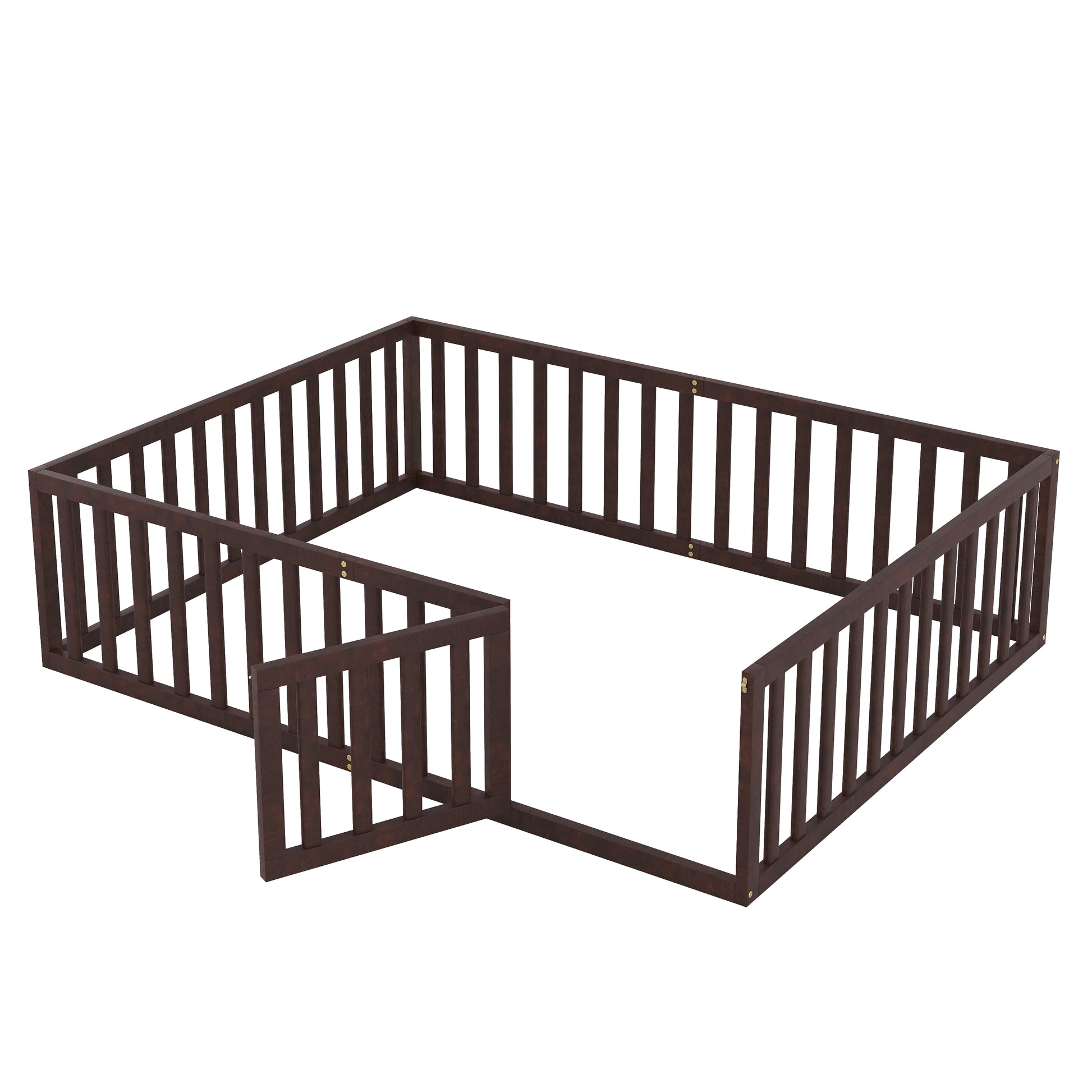 Queen Size Wood Floor Bed Frame With Fence And Door, Walnut Old Sku:Wf289663Aal Walnut Solid Wood