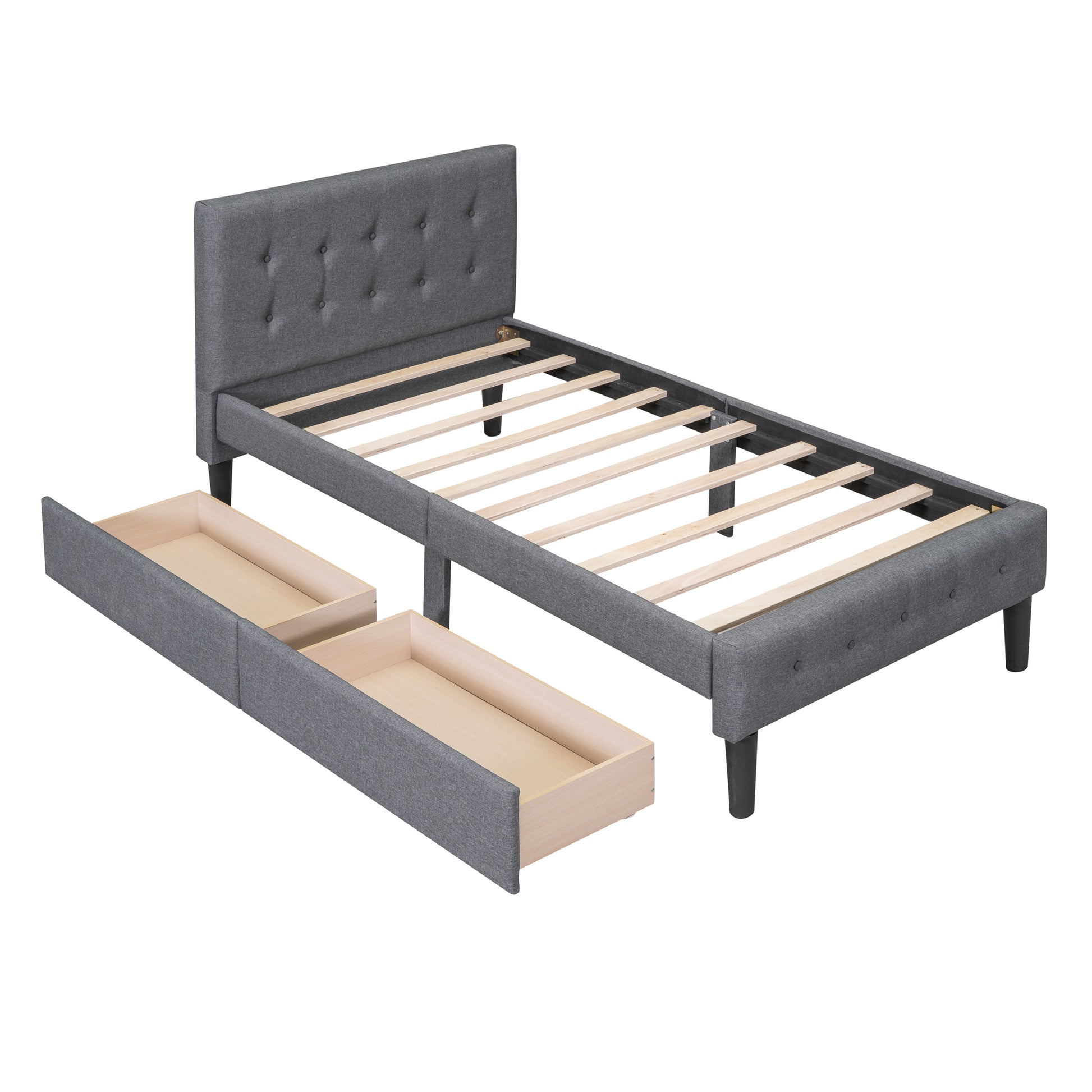 Twin Size Upholstered Platform Bed With 2 Drawers, Gray Gray Upholstered