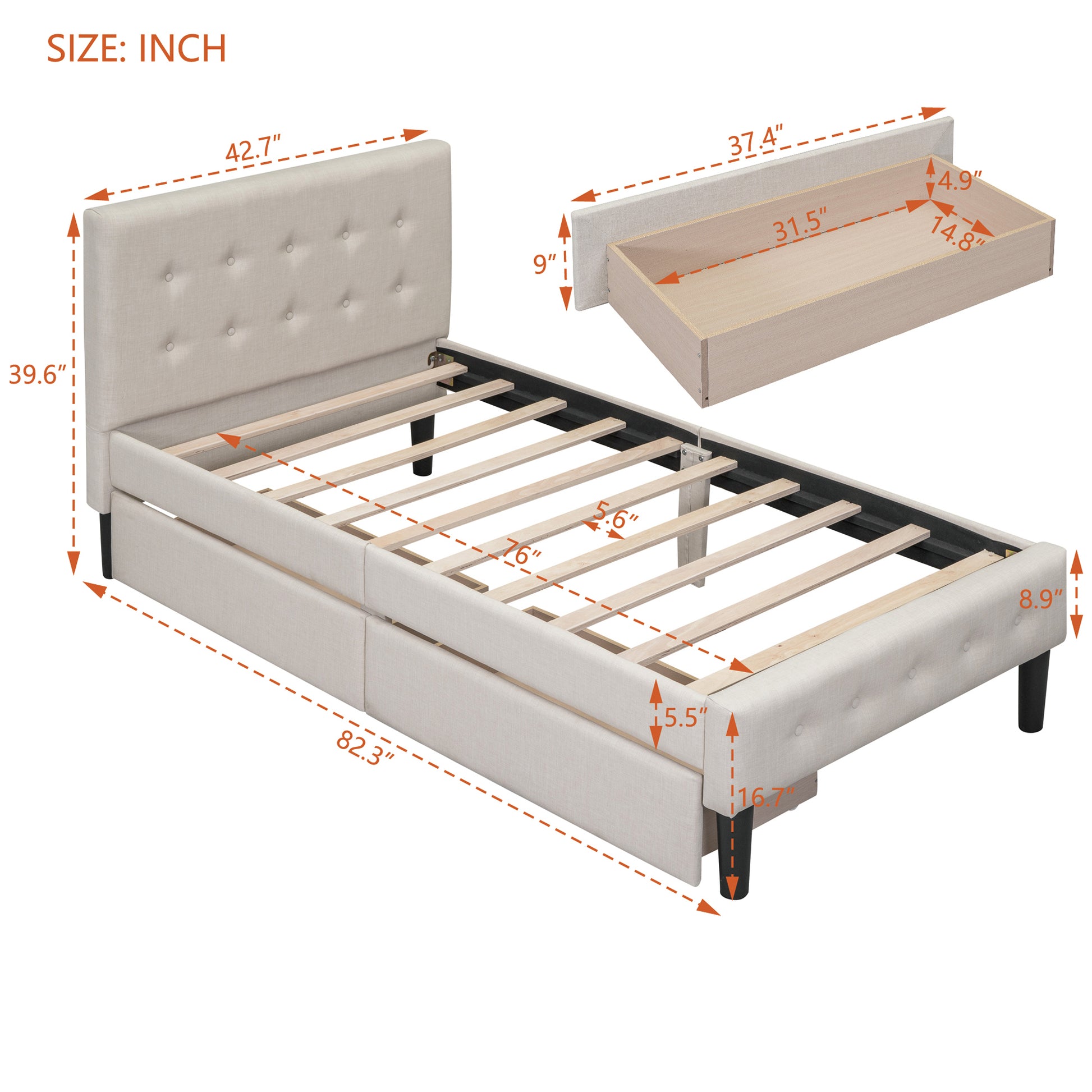 Twin Size Upholstered Platform Bed With 2 Drawers, Beige Beige Upholstered