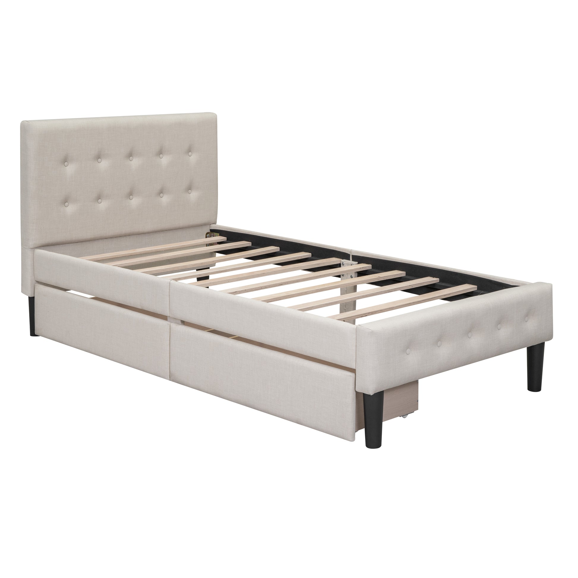 Twin Size Upholstered Platform Bed With 2 Drawers, Beige Beige Upholstered