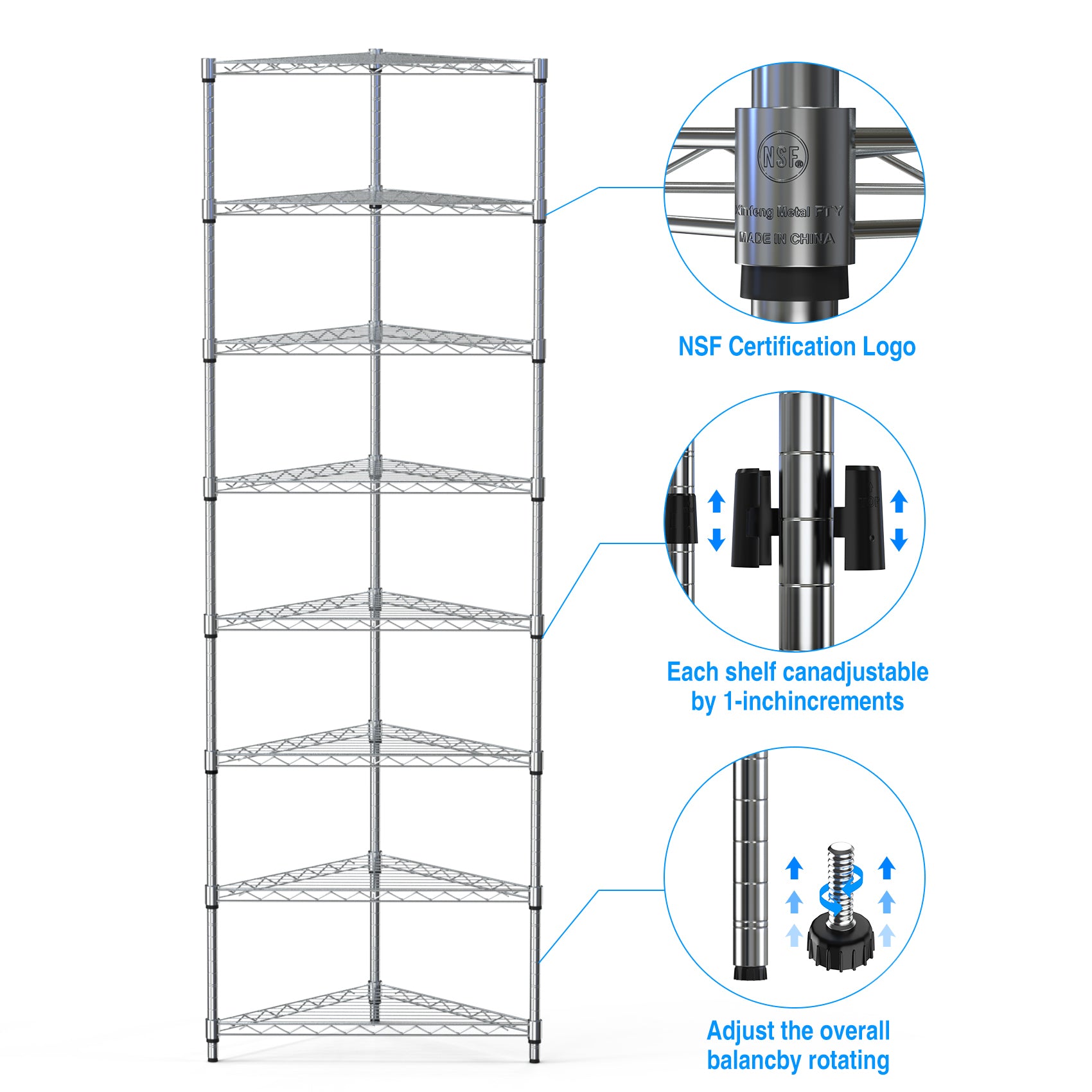 8 Tier Triangles Corners Wire Shelving Unit, Nsf Height Adjustable Metal Storage Shelves, Heavy Duty Storage Wire Rack Metal Shelves 82" H X 20" L X 20" D Chrome Chrome Iron Plastic