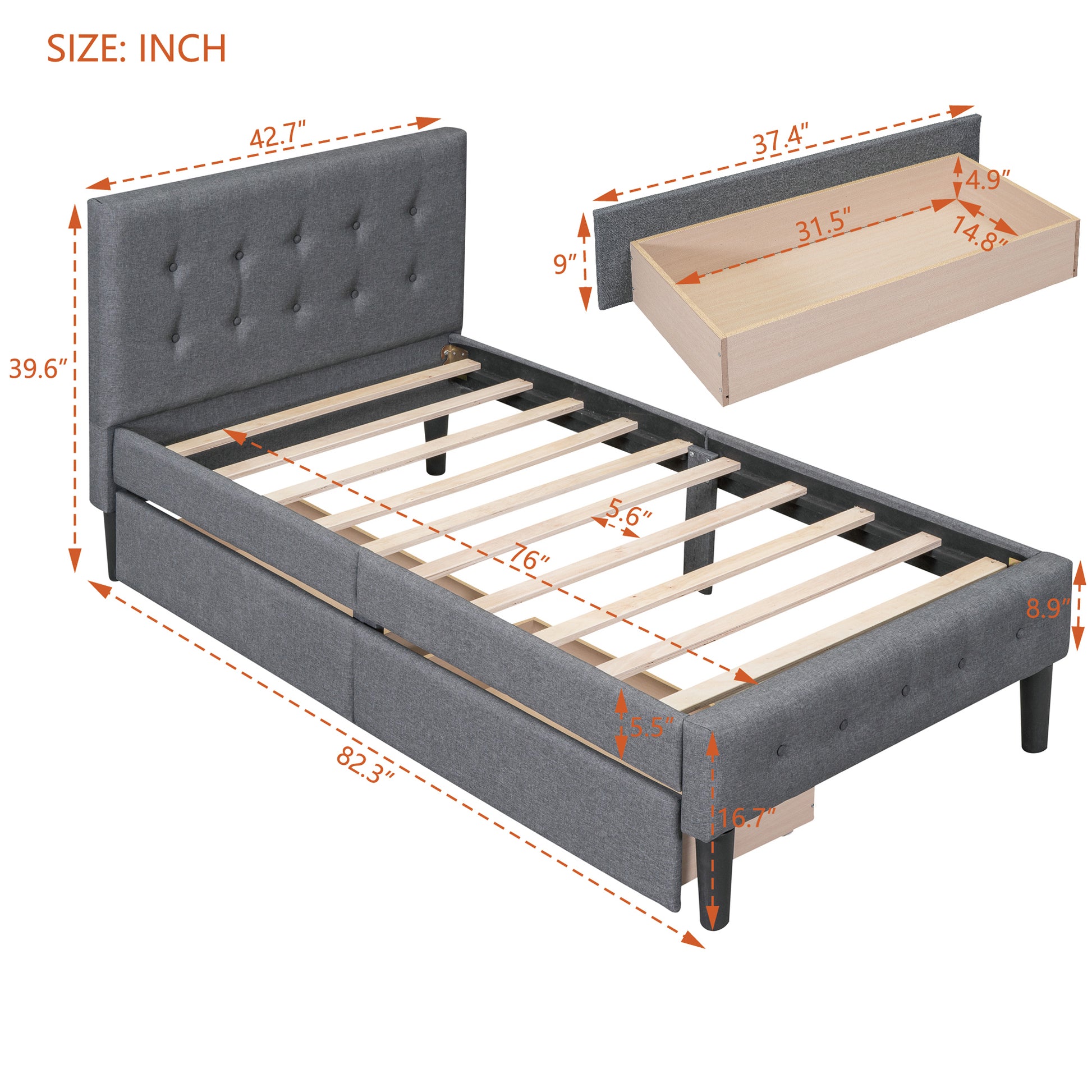 Twin Size Upholstered Platform Bed With 2 Drawers, Gray Gray Upholstered