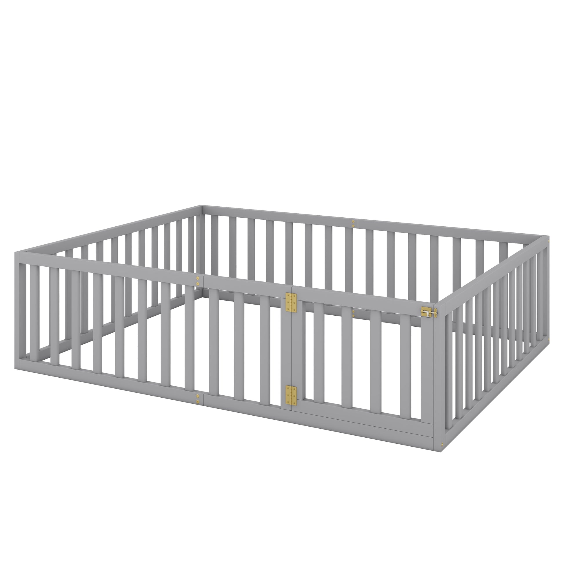 Queen Size Wood Floor Bed Frame With Fence And Door, Gray Old Sku:Wf289663Aae Gray Solid Wood