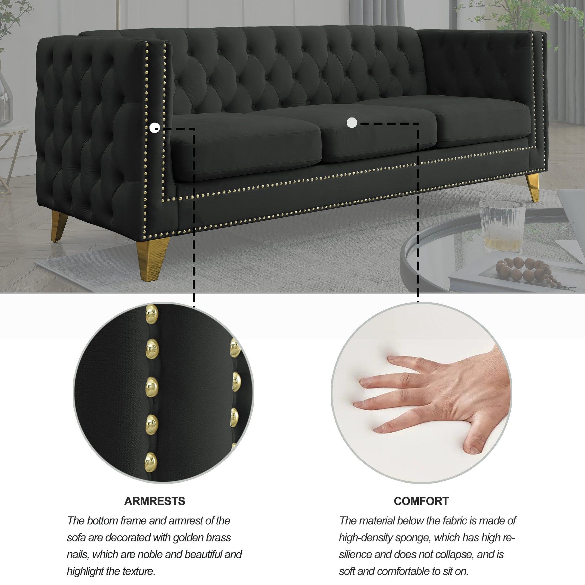 Contact Us For 3D Modeling Velvet Sofa For Living Room,Buttons Tufted Square Arm Couch, Modern Couch Upholstered Button And Metal Legs, Sofa Couch For Bedroom, Black Velvet W834S00022 Black Foam Velvet