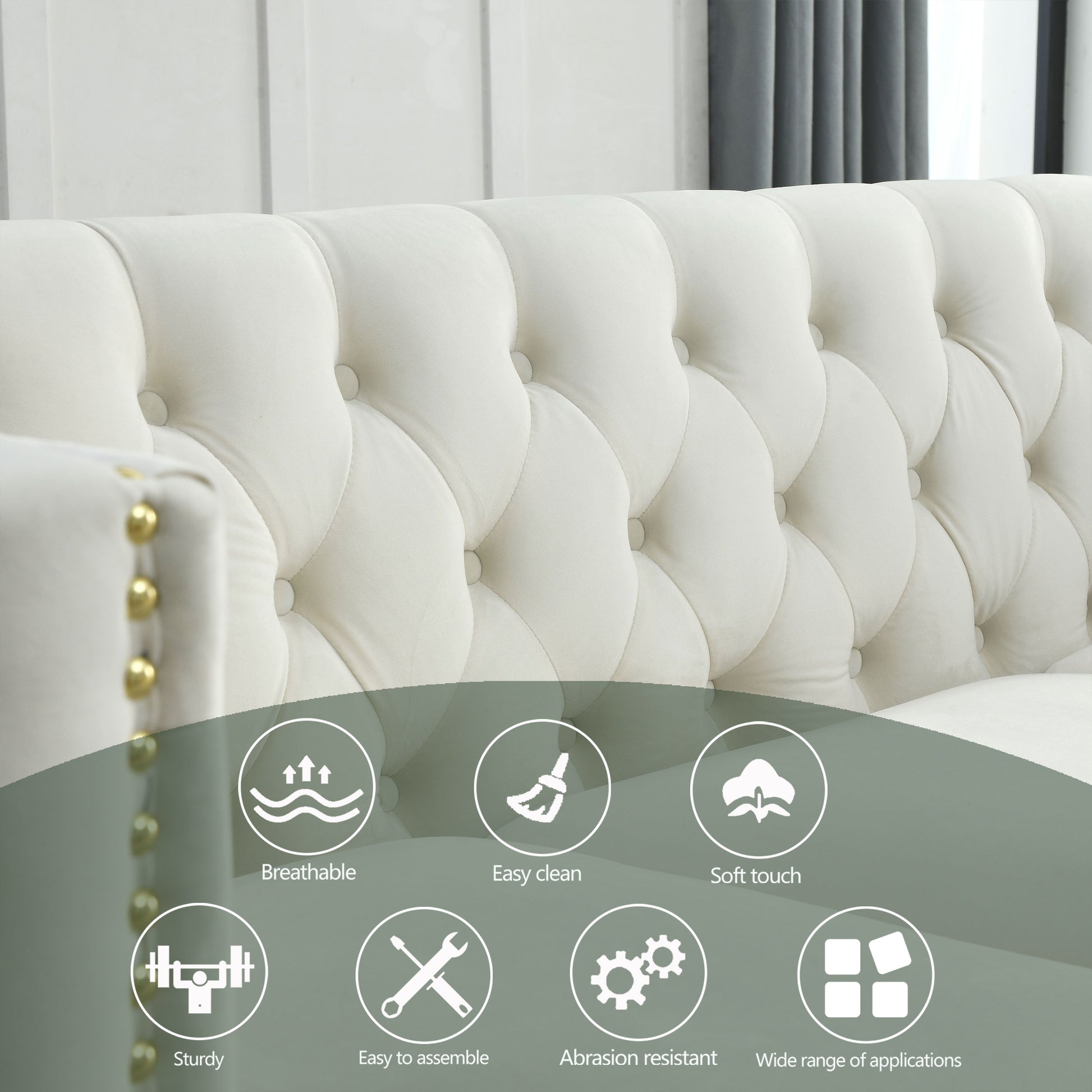 Contact Us For 3D Modeling Velvet Sofa For Living Room,Buttons Tufted Square Arm Couch, Modern Couch Upholstered Button And Metal Legs, Sofa Couch For Bedroom, Beige Velvet ,2Pcs Beige Foam Velvet