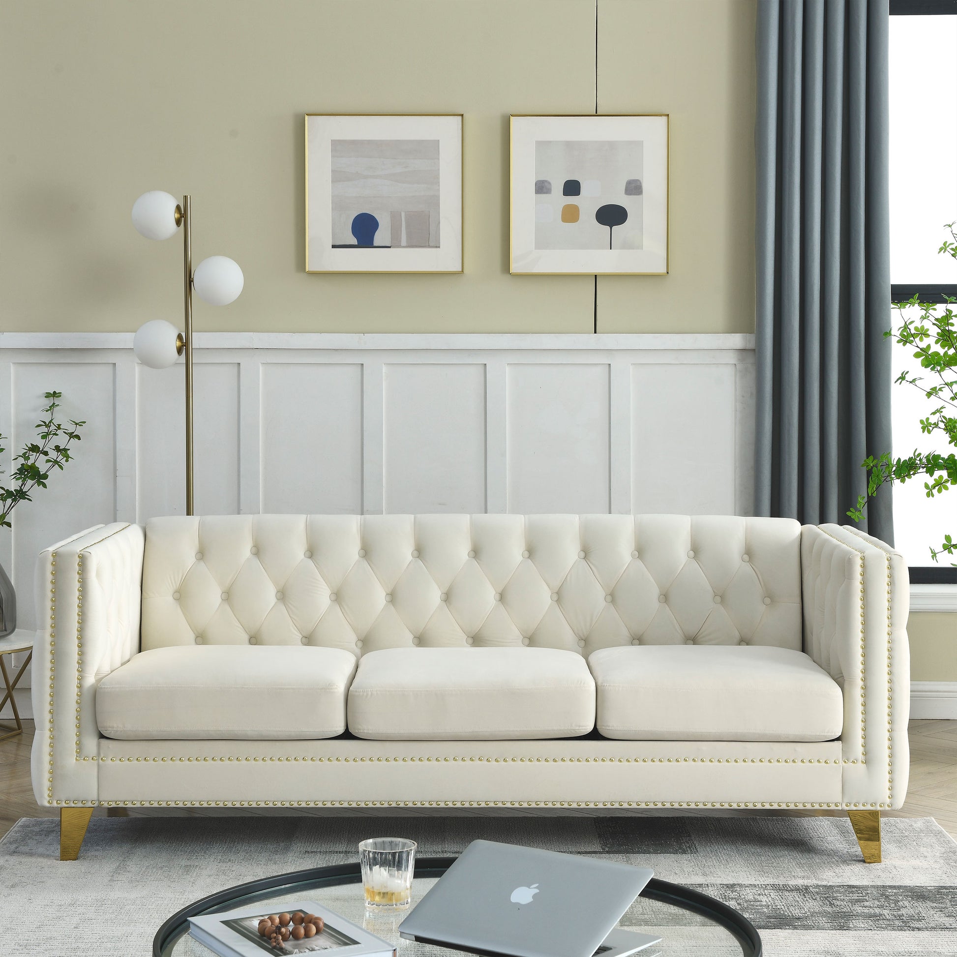 Contact Us For 3D Modeling Velvet Sofa For Living Room,Buttons Tufted Square Arm Couch, Modern Couch Upholstered Button And Metal Legs, Sofa Couch For Bedroom, Beige Velvet ,2Pcs Beige Foam Velvet