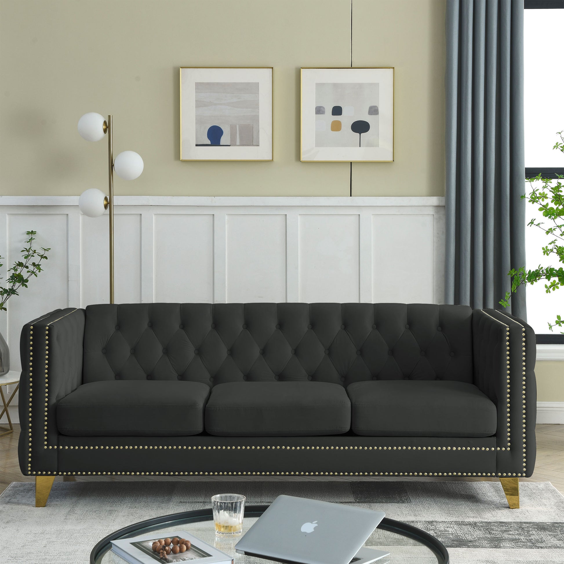 Contact Us For 3D Modeling Velvet Sofa For Living Room,Buttons Tufted Square Arm Couch, Modern Couch Upholstered Button And Metal Legs, Sofa Couch For Bedroom, Black Velvet W834S00022 Black Foam Velvet