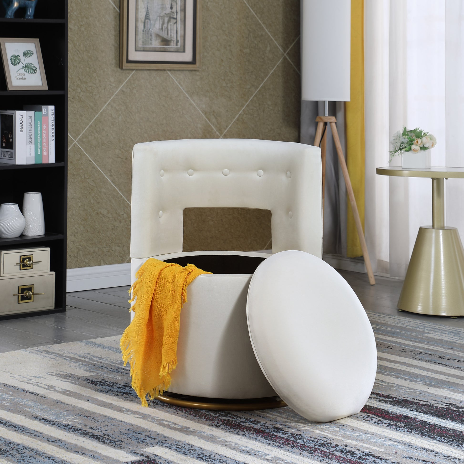 360 Swivel Accent Chair With Storage Function, Velvet Curved Chair With Gold Metal Base For Living Room, Nursery, Bedroom Video Beige Fabric